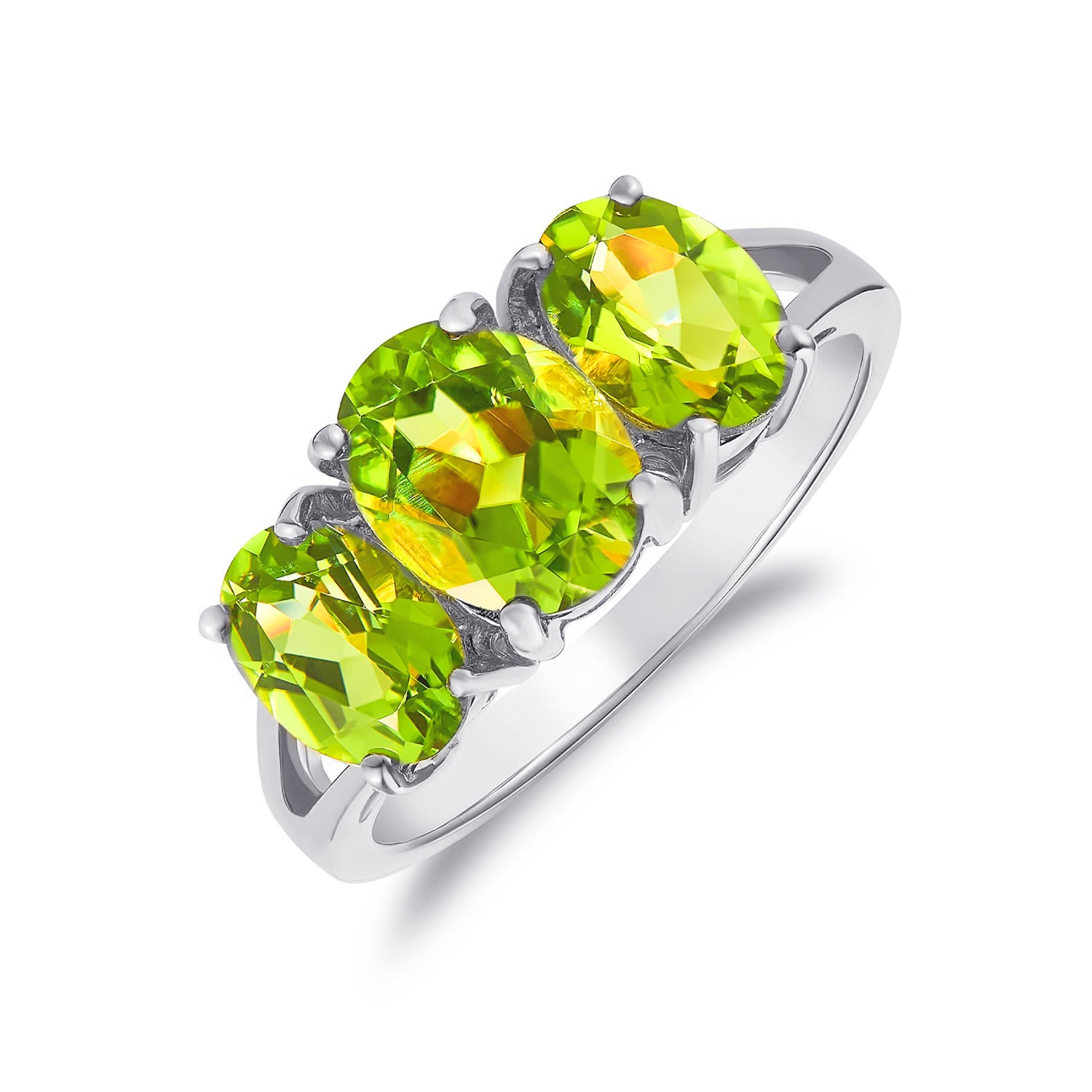 9ct White Gold Oval Peridot Claw Set 3 Stone Ring with Split Shoulders