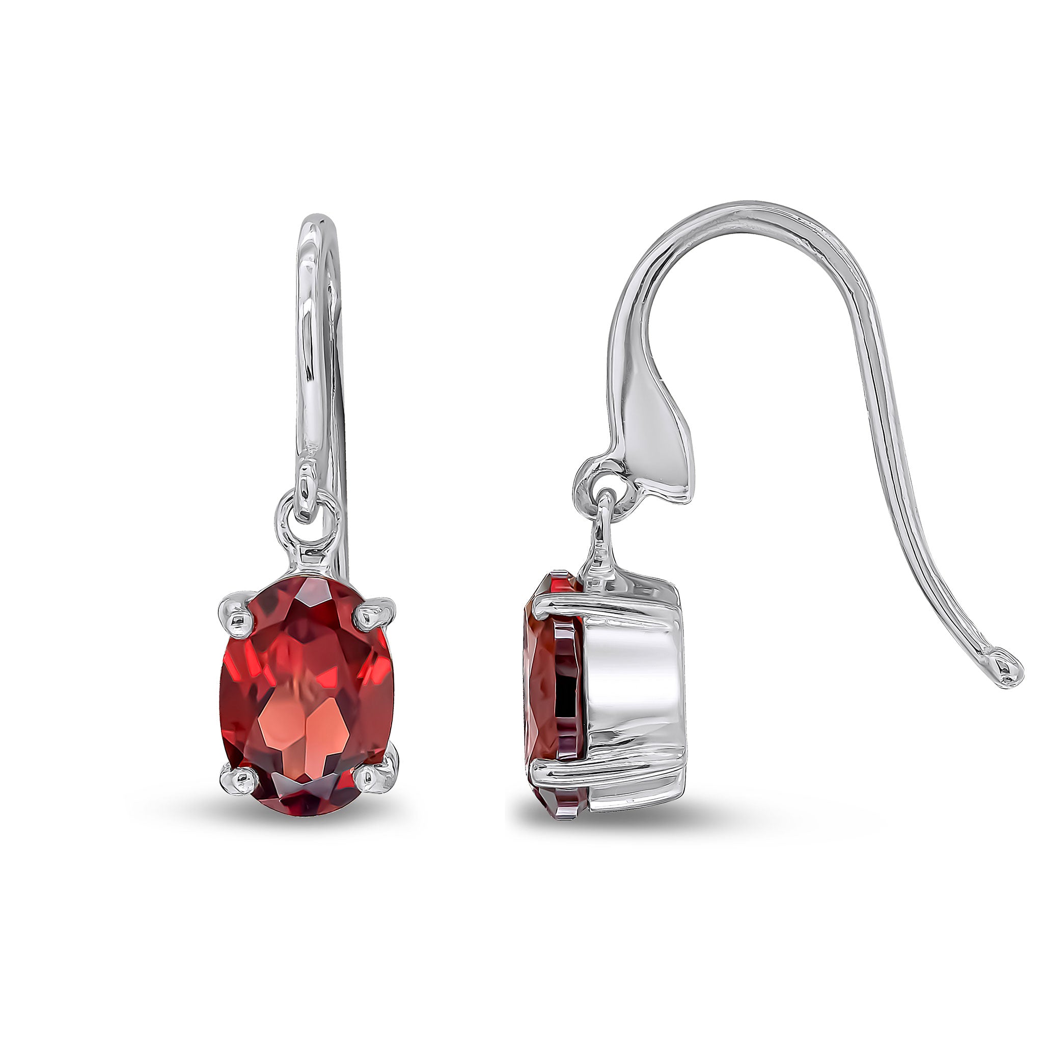 9ct White Gold 7x5 Oval Garnet Claw Set Drop Earrings with Hook Wire Fitting