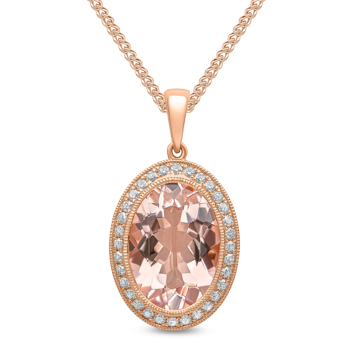 18ct Rose Gold 14x10 Oval Morganite & Diamond Cluster Pendant