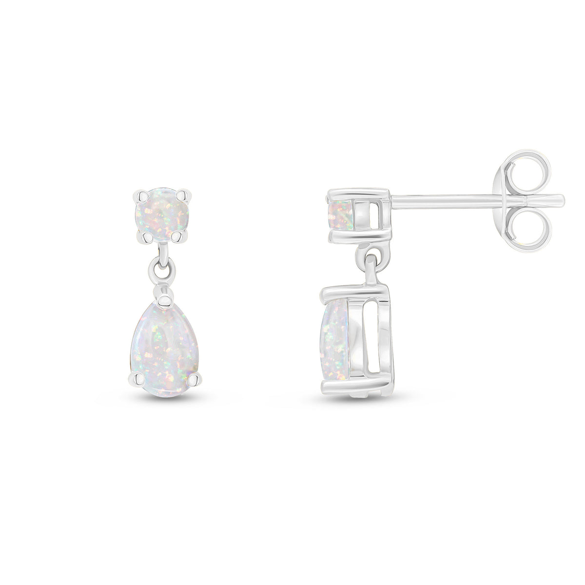 9ct White Gold Round and Pear Shape Opal 2 Stone Claw Set Drop Earrings