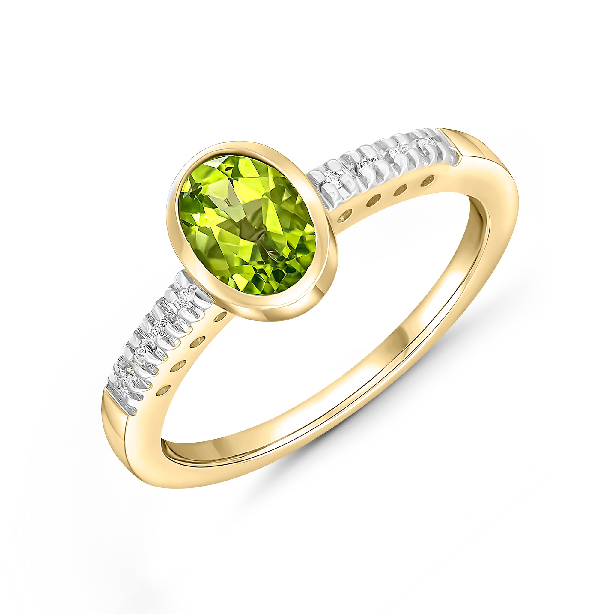 9CT YG RUBOVER 7X5 OVAL PERIDOT SINGLE STONE RING WITH CLAW SET DIAMOND SHOULDERS. RHODIUM TO DIAMONDS 1