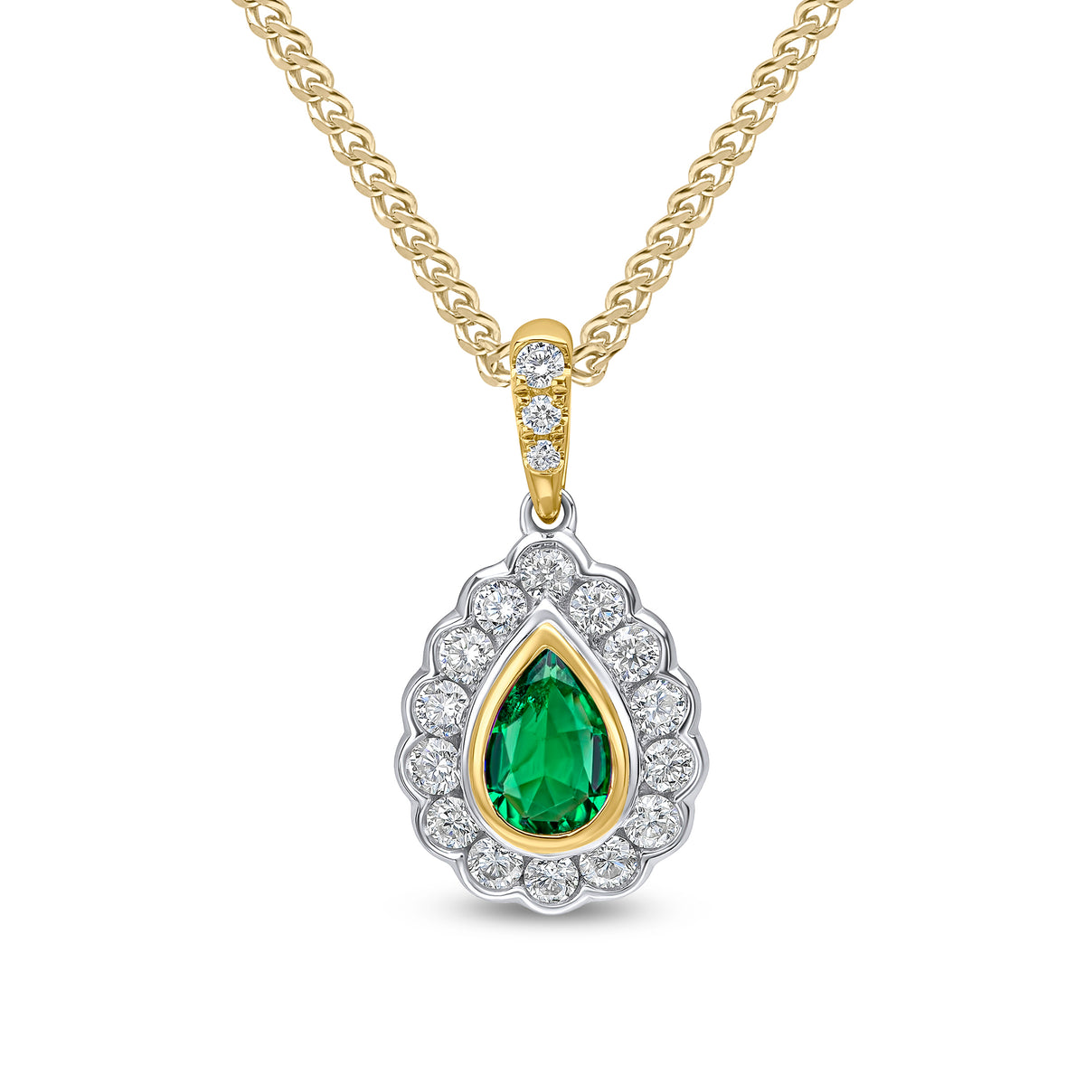 18ct Ywg Pear Shape Emerald and Round Diamond Rubover Cluster Pendant Claw Set Diamond Loop