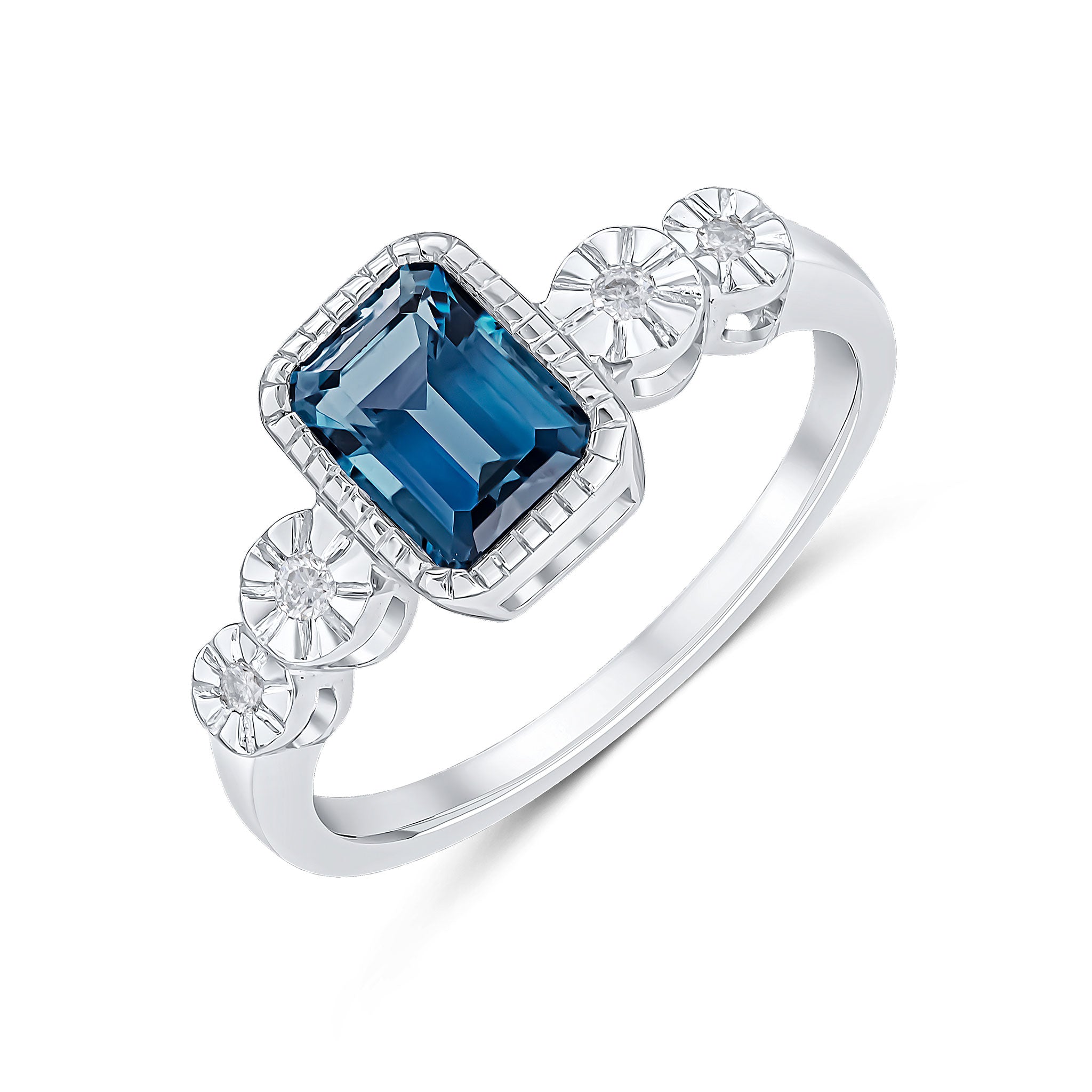 9ct White Gold Milgrain Octagon London Blue Topaz and Illusion Diamond 2 Stone Shoulders Ring