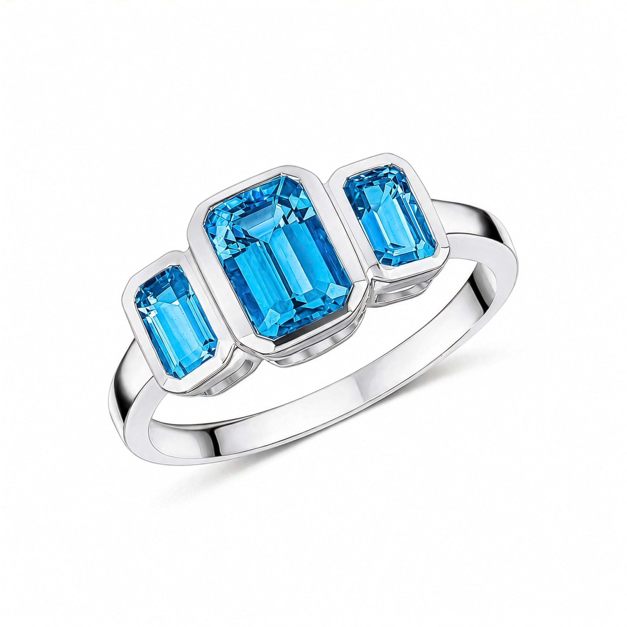 9ct White Gold Octagon Swiss Blue Topaz Rubover Set 3 Stone Ring