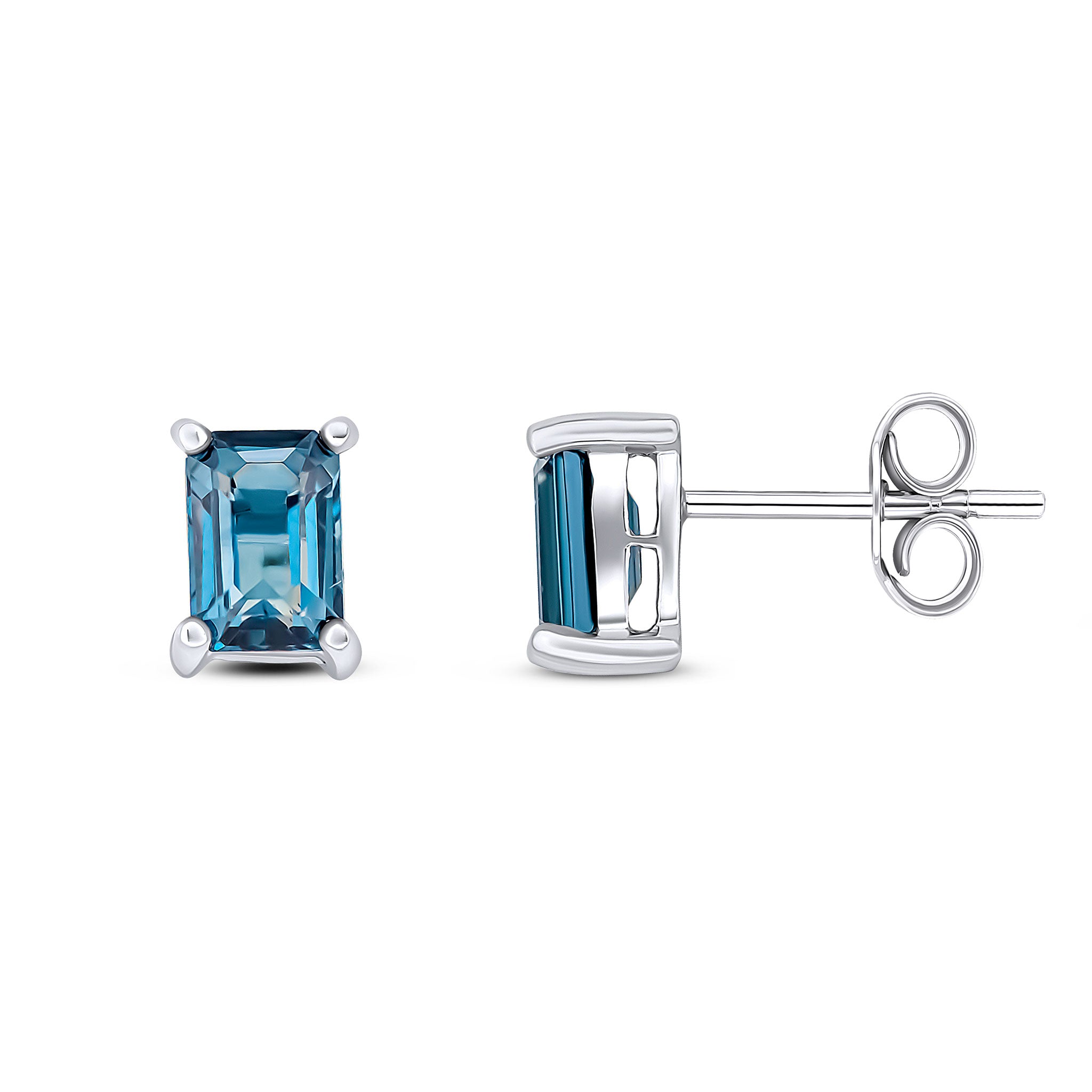 9ct White Gold Octagonal London Blue Topaz Claw Stud Earrings