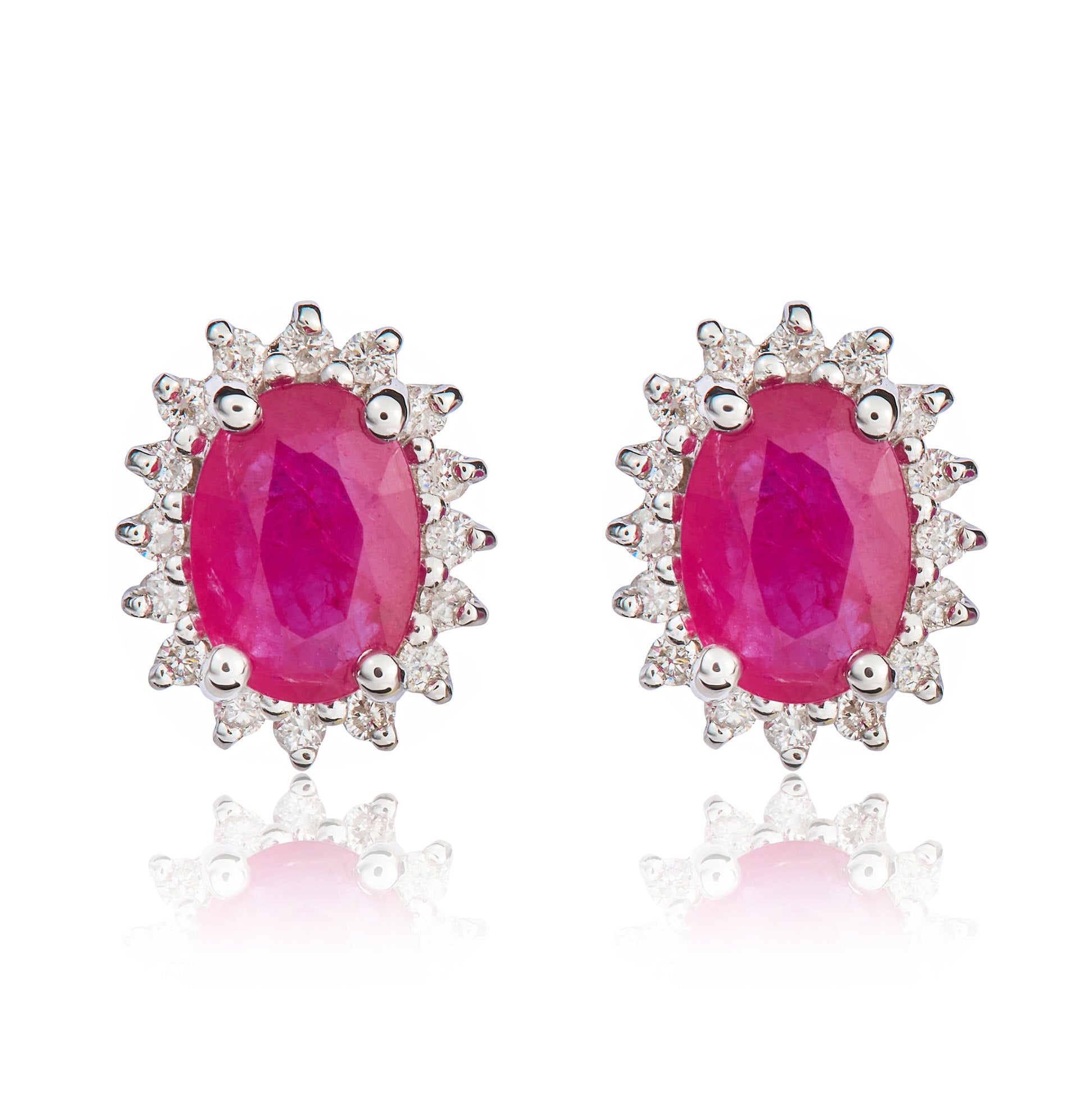 9ct White Gold 7x5 Oval Ruby & Diamond Claw Set Cluster Earrings