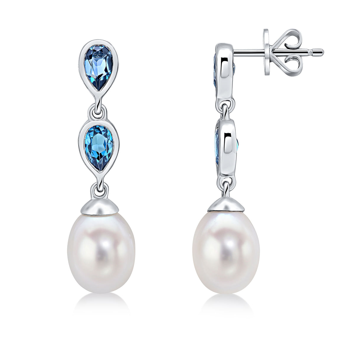 9ct White Gold Pearl & Double Pear Shape London Blue Topaz Drop Earrings