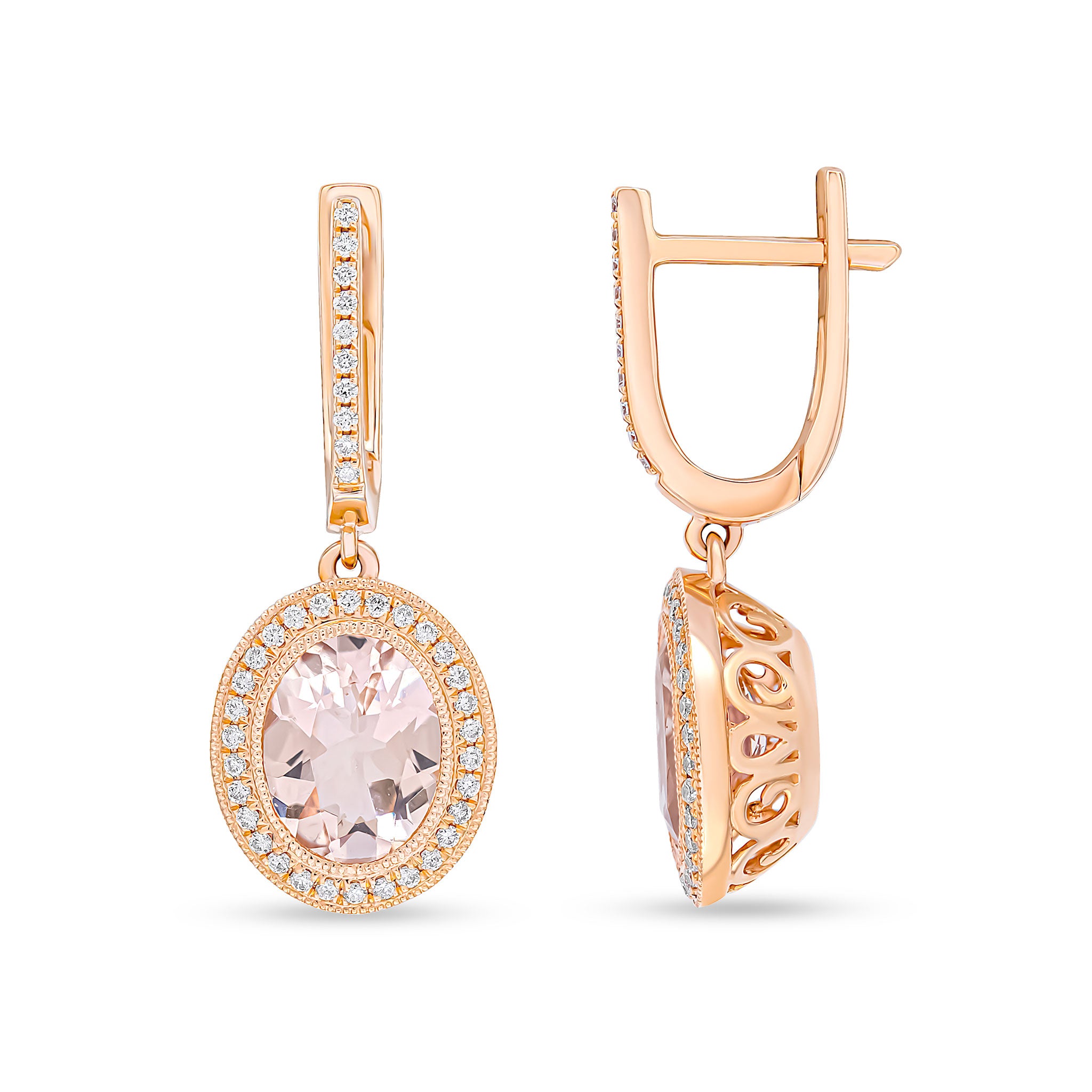 18ct Rose Gold Oval Morganite & Diamond Cluster Drop Earrings with Diamond Oval Hoop Top