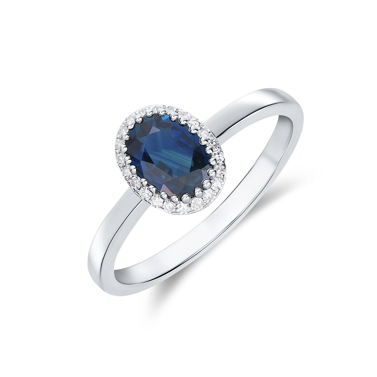 9ct White Gold 7x5 Oval Sapphire and Round Diamond Claw Set Cluster Ring