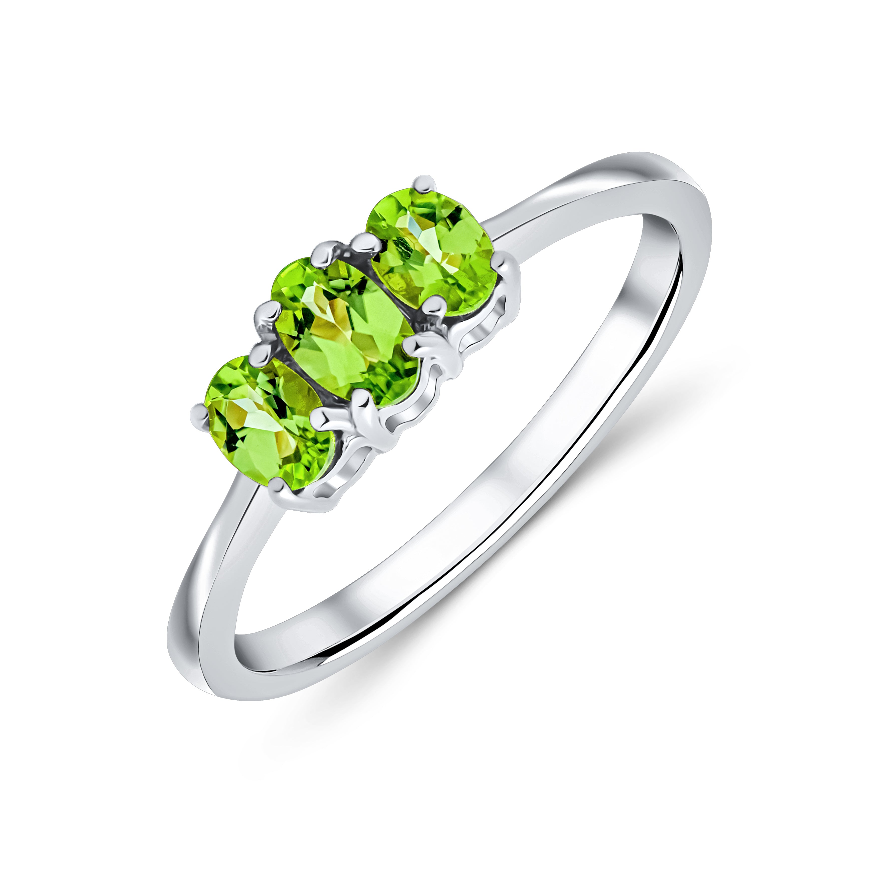9ct White Gold Oval Peridot 3 Stone Claw Set Ring