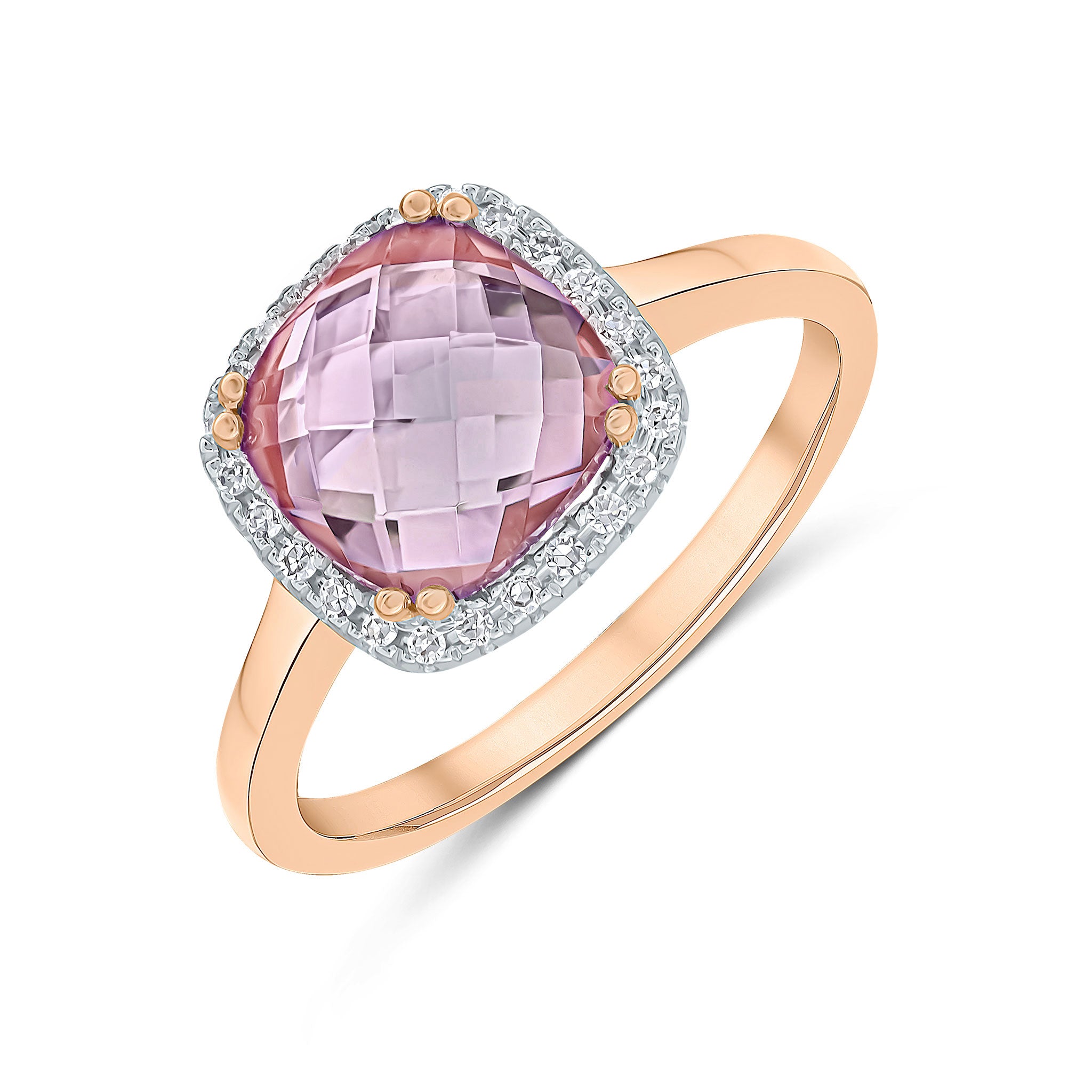 9ct Rose Gold 8mm Checkerboard Cut Cushion Pink Amethyst and Round Diamond Claw Set Cluster Ring