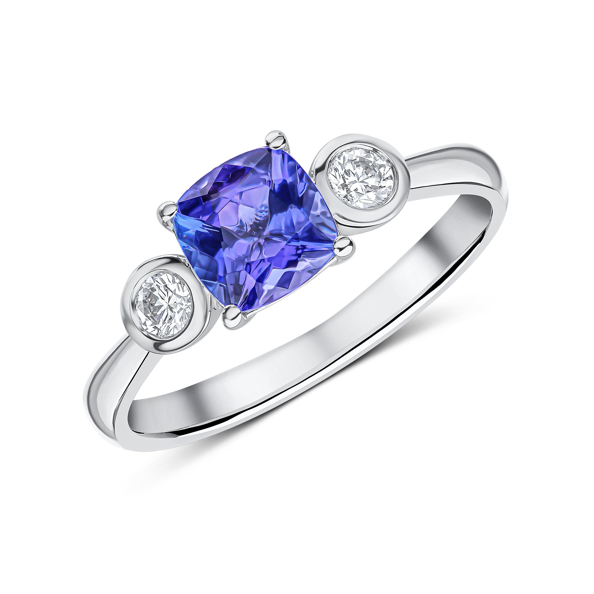 18ct White Gold 6mm Cushion Tanzanite Claw Set & Diamond Rubover 3 Stone Ring
