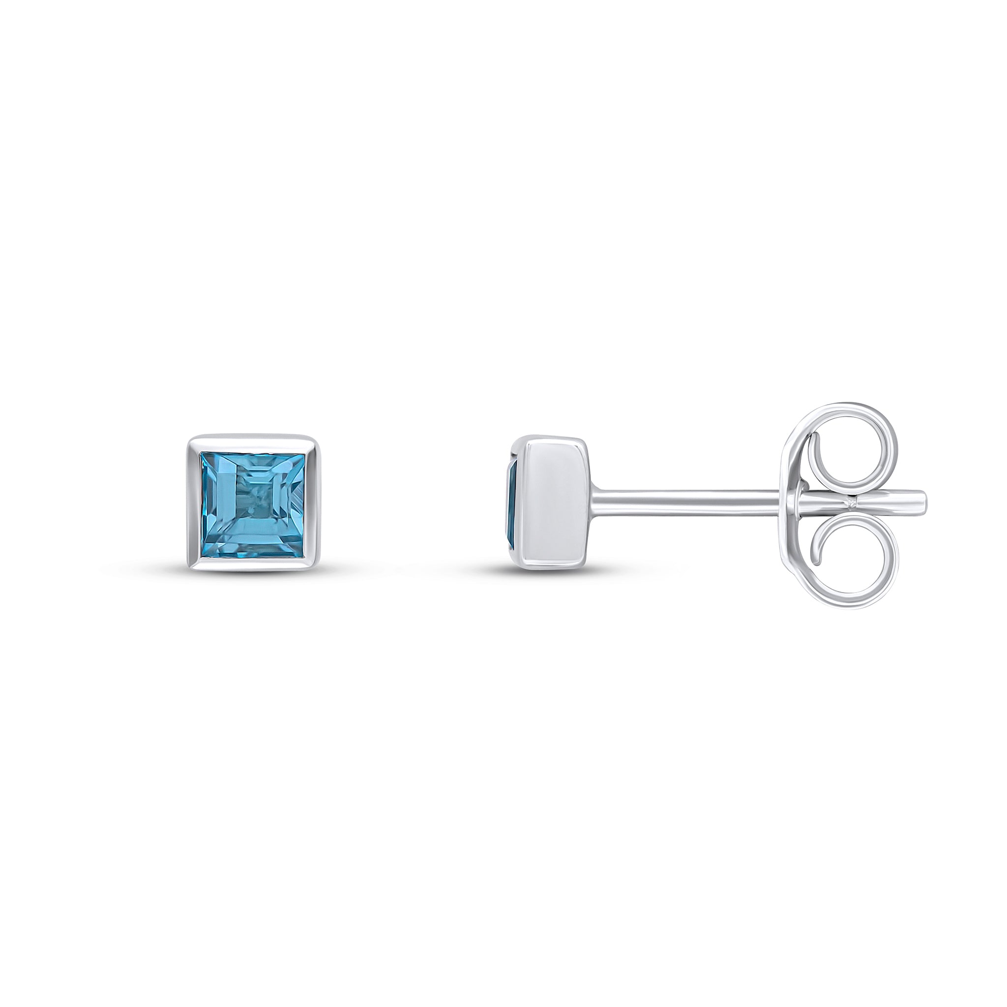 9ct White Gold 3mm Square Swiss Blue Topaz Rubover Set Earrings