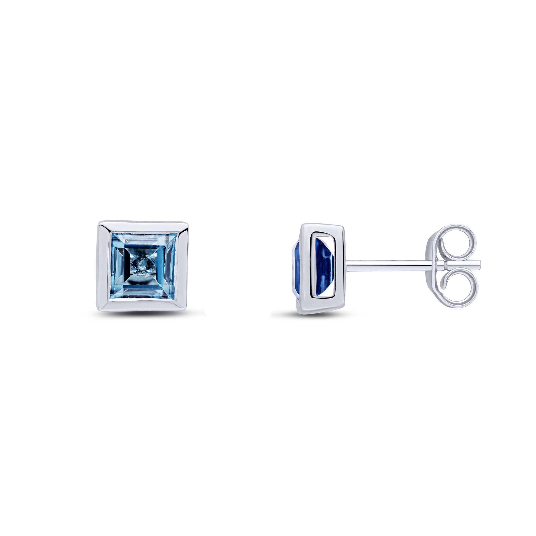 9ct White Gold 5mm Square London Blue Topaz Rubover Set Earrings