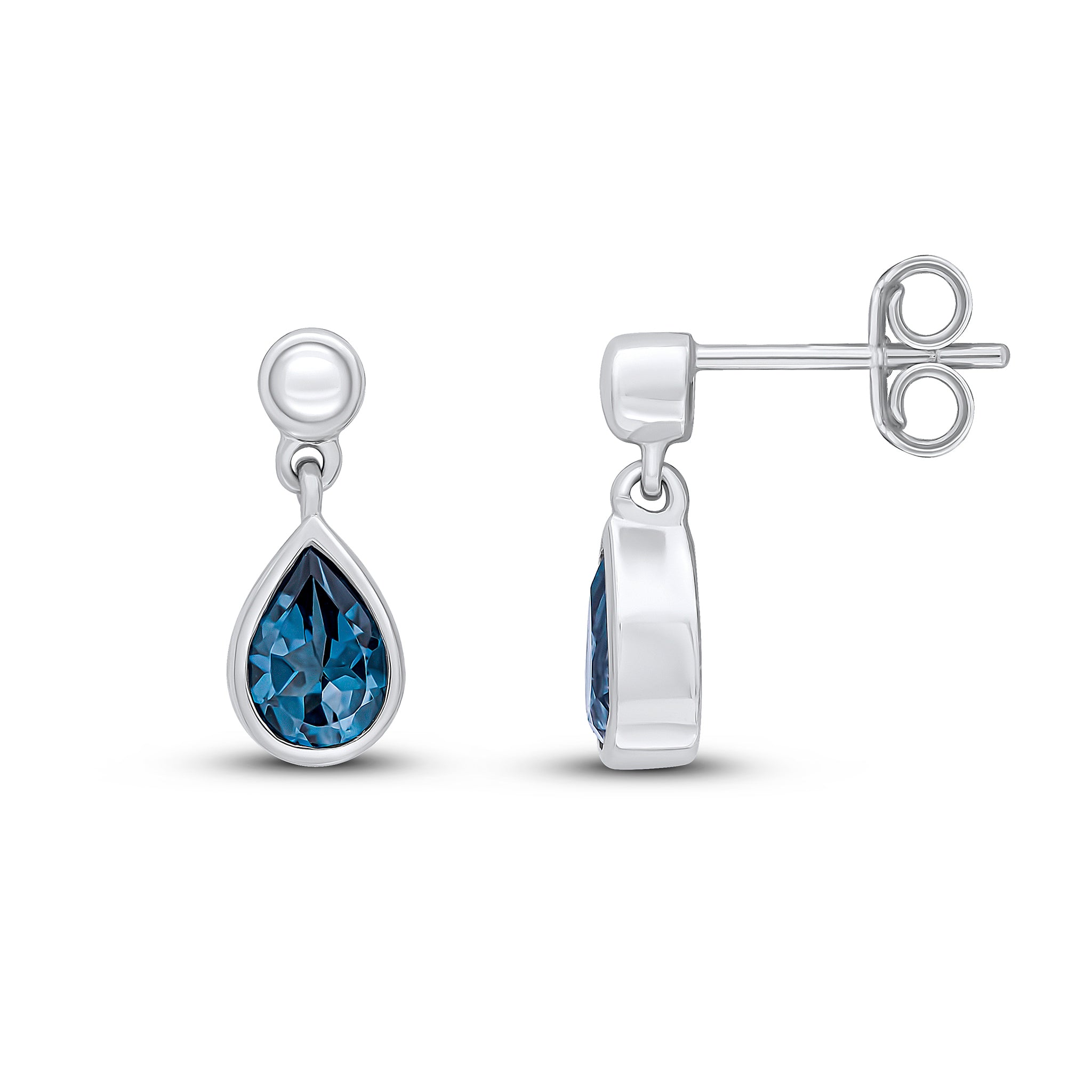 9ct White Gold 6x4 Pear Shape London Blue Topaz Rubover Drop Earrings with 3mm Bead Top