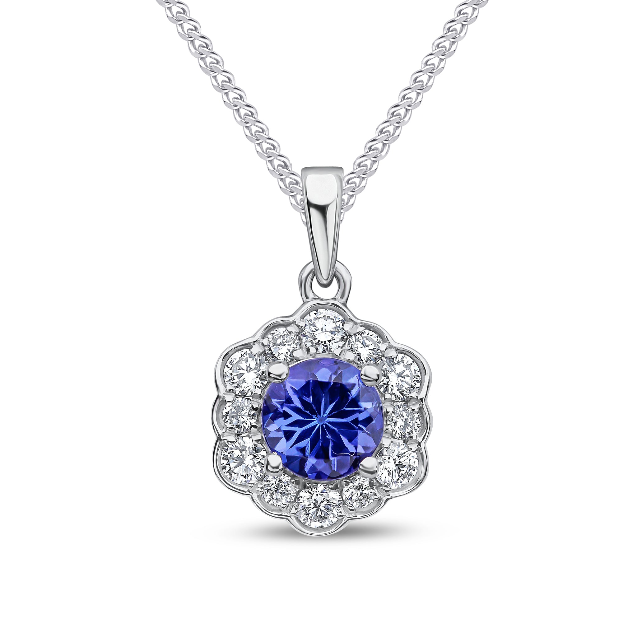 18ct White Gold Claw Set Round Tanzanite and Round Diamond Scalloped Edge Cluster Pendant with Plain Loop Top