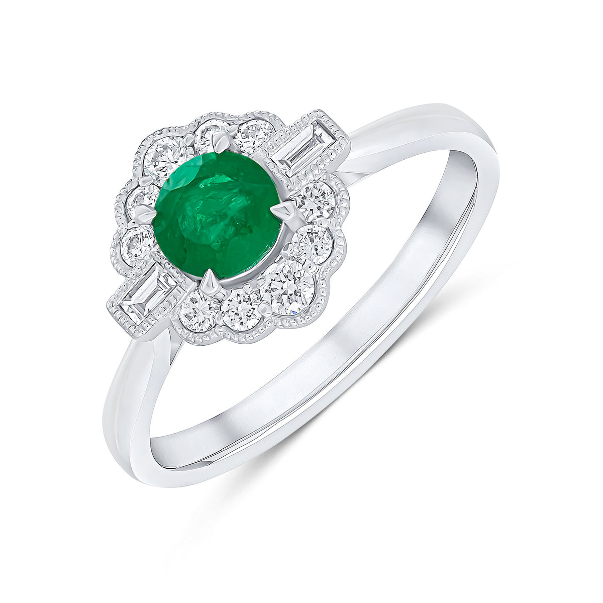 18ct White Gold Round Emerald Baguette and Round Diamond Milgrain Cluster Ring