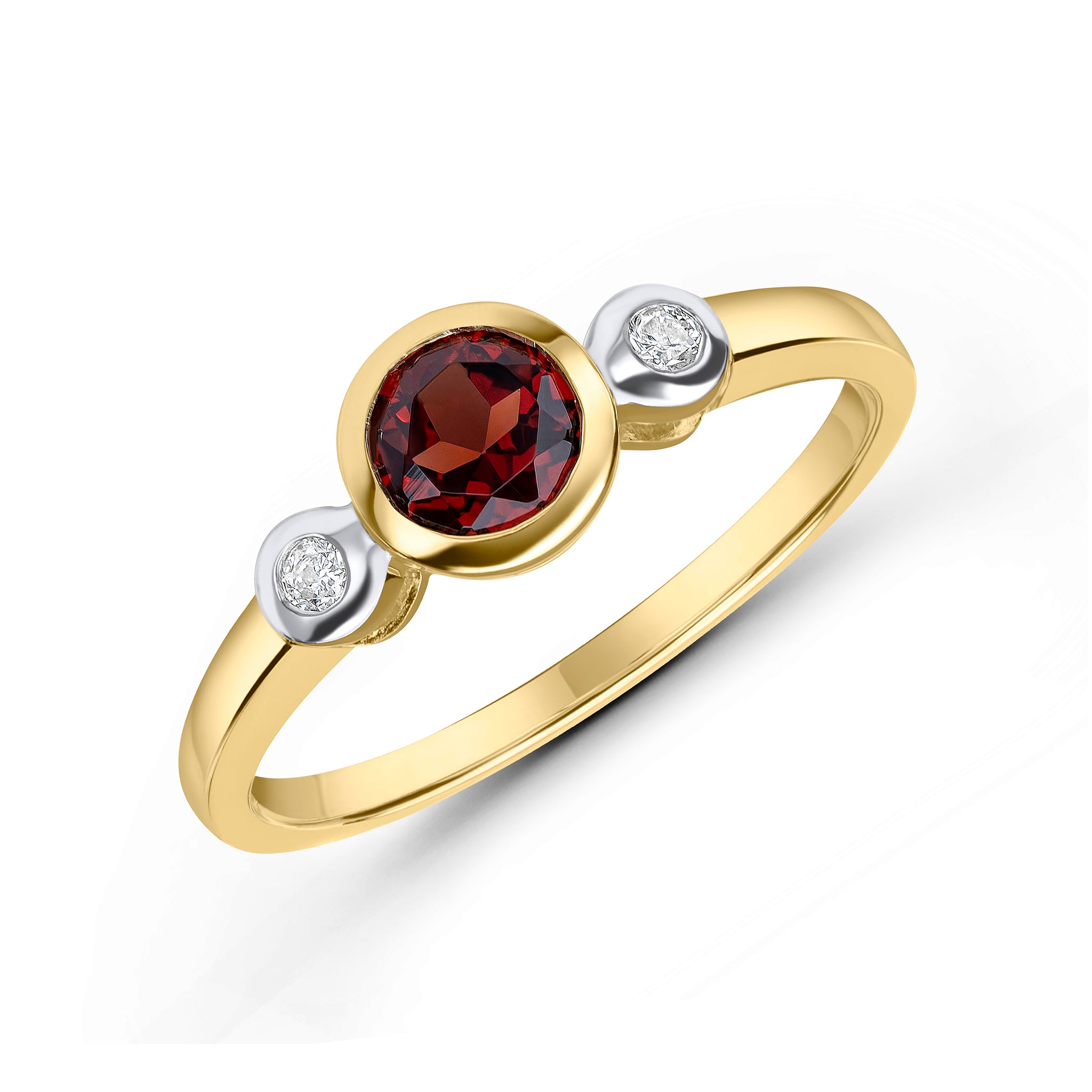 9ct Yellow Gold 5mm Round Garnet and Diamond Rubover 3 Stone Ring Rhodium to Diamonds
