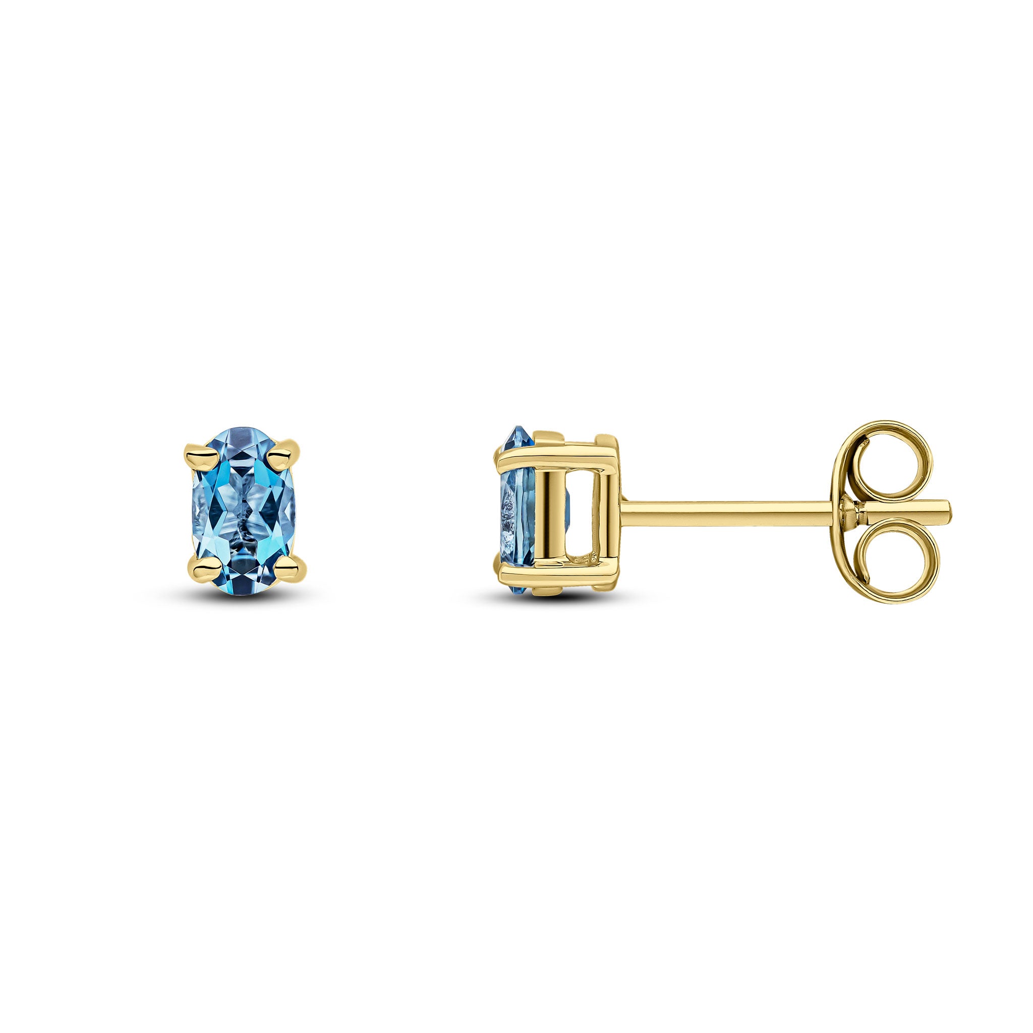 9ct Yellow Gold 5x3 Oval London Blue Topaz Claw Set Earrings