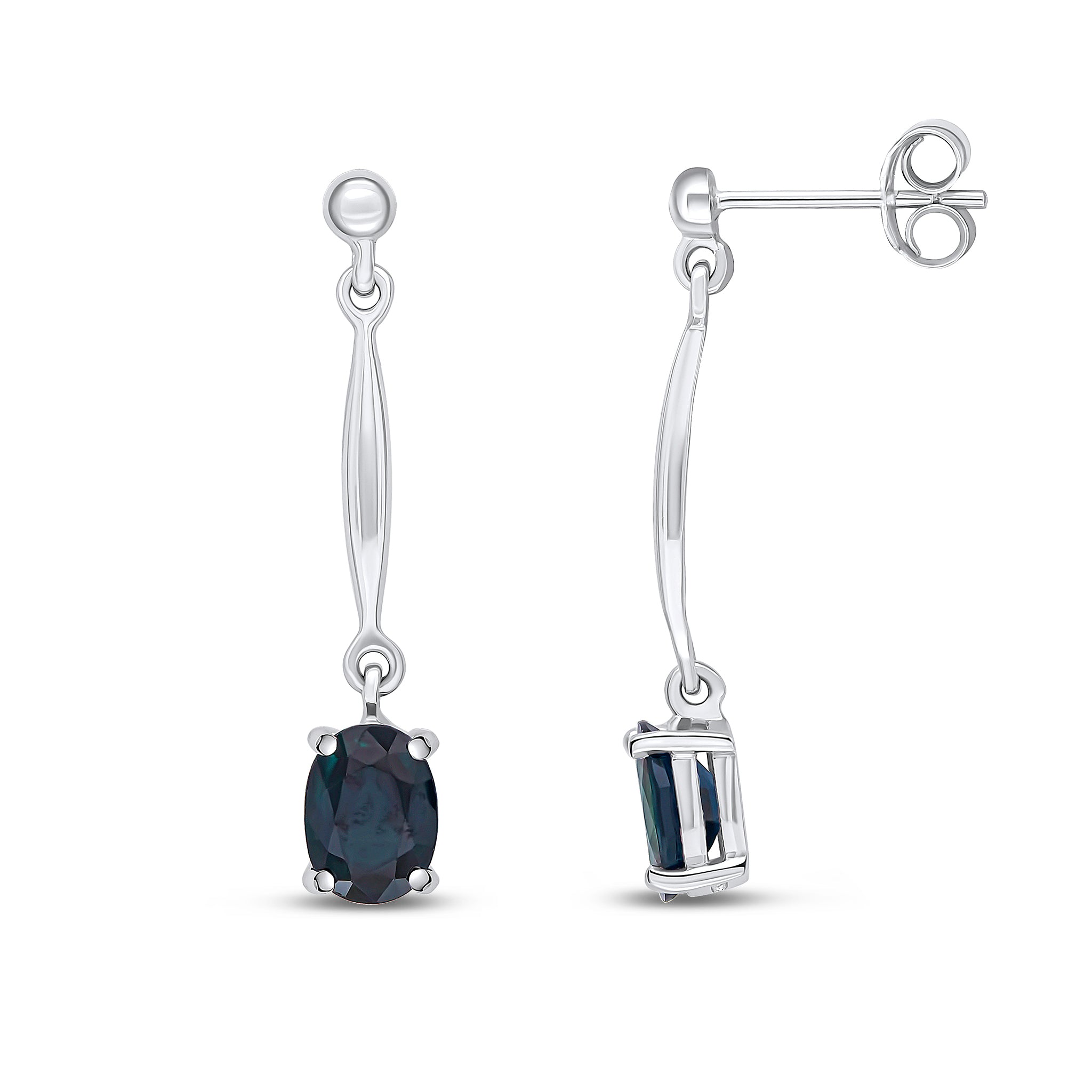 9ct White Gold 7x5mm Oval Sapphire and Bar Drop Earrings with Bead Top