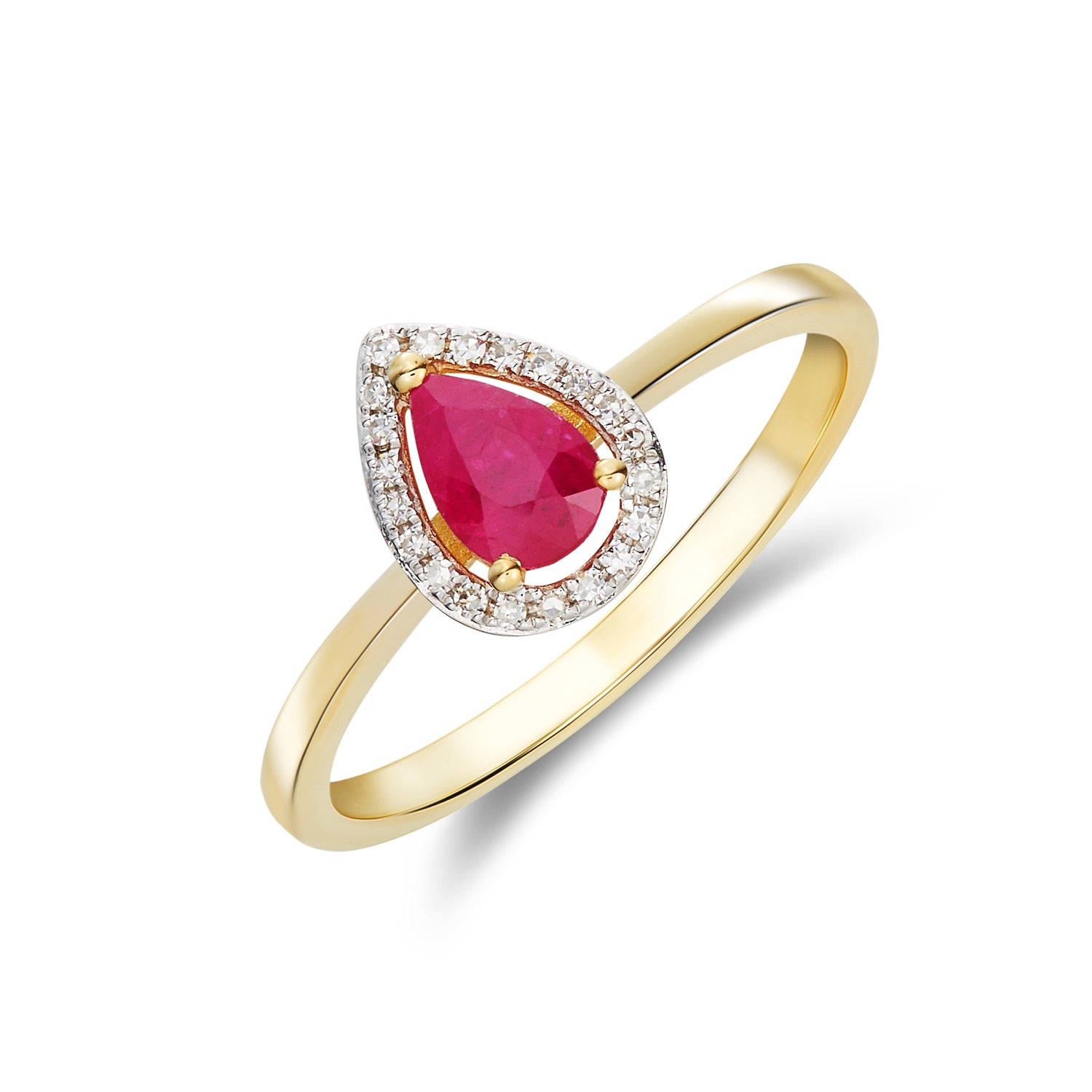 9ct Yellow Gold 6x4 Pear Shape Ruby & Diamond Halo Claw Cluster Ring Rhdoium to Diamonds