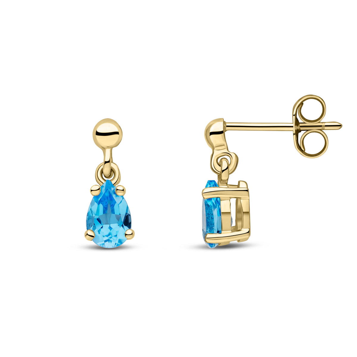 9ct Yellow Gold 6x4 Pear Shape Swiss Blue Topaz Claw Set Drop Earrings with Bead Stud Top