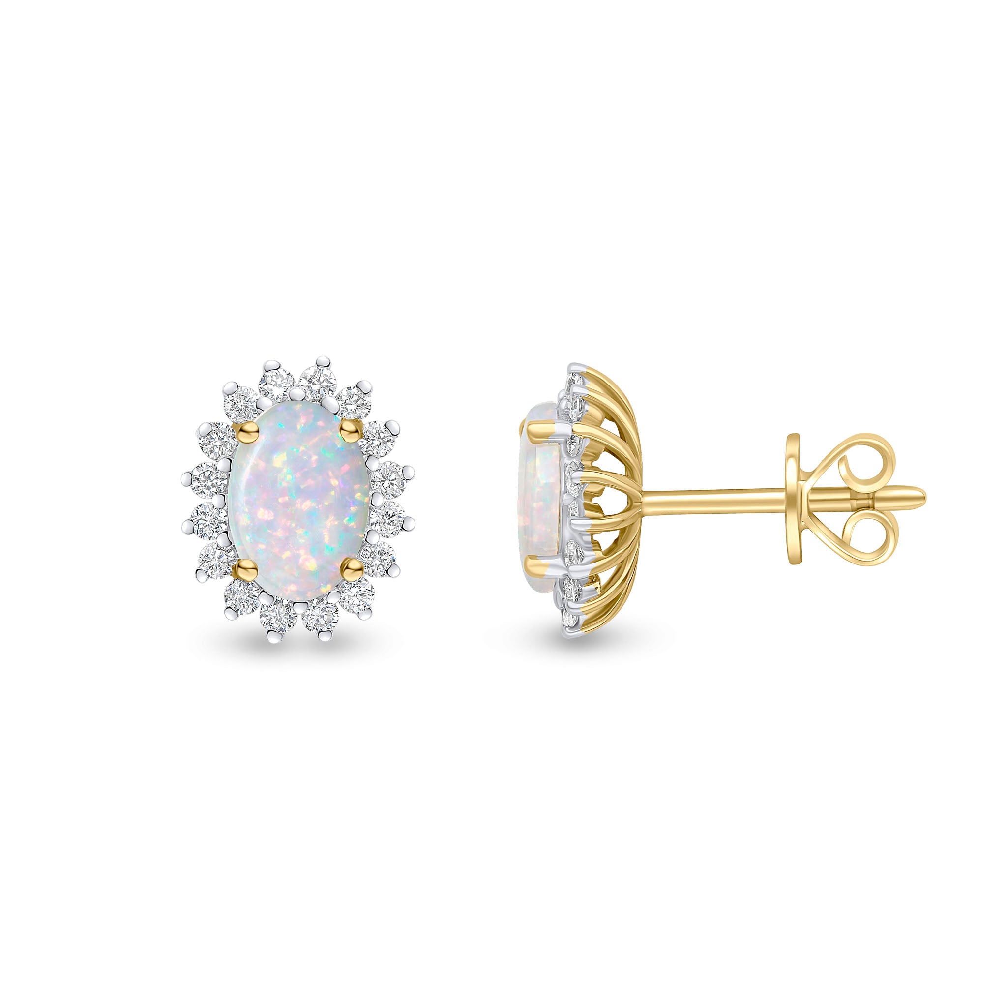 18ct Yellow Gold 7x5 Oval Opal & Diamond Claw Cluster Earrings Rhodium to Diamonds