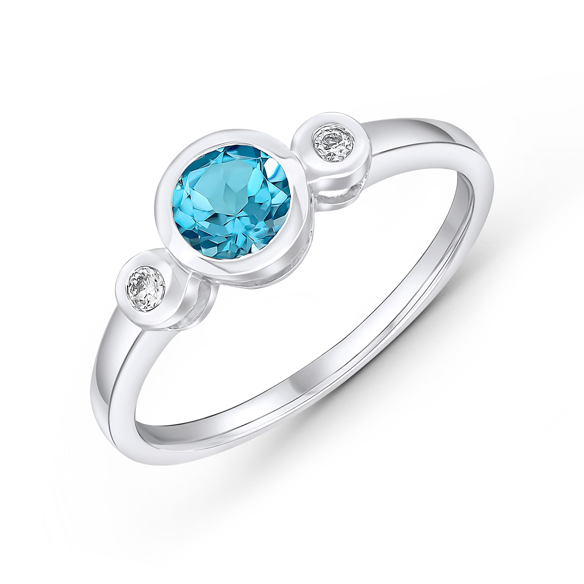 9CT WG 5MM ROUND SWISS BLUE TOPAZ AND DIAMOND RUBOVER 3ST RING 1