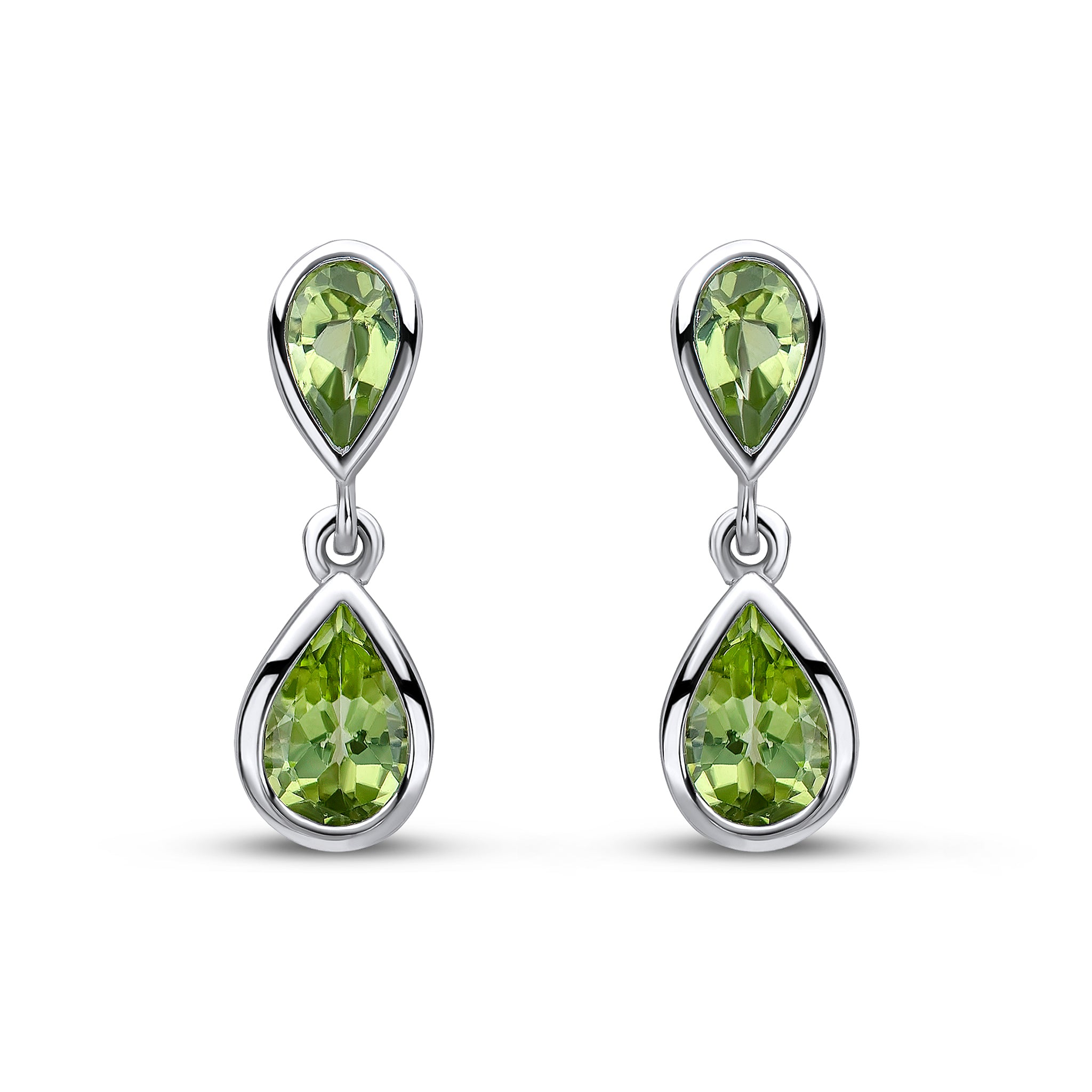 9ct White Gold Pear Shape Peridot Rubover 2 Stone Drop Earrings