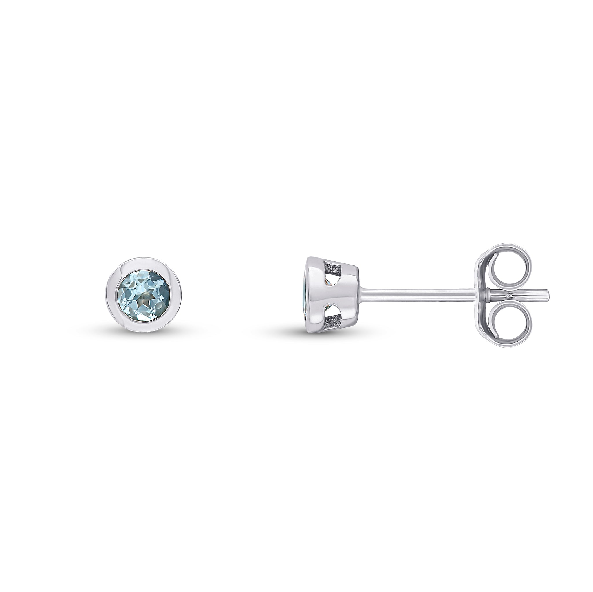 9ct White Gold 3mm Round Aquamarine Rubover Earrings