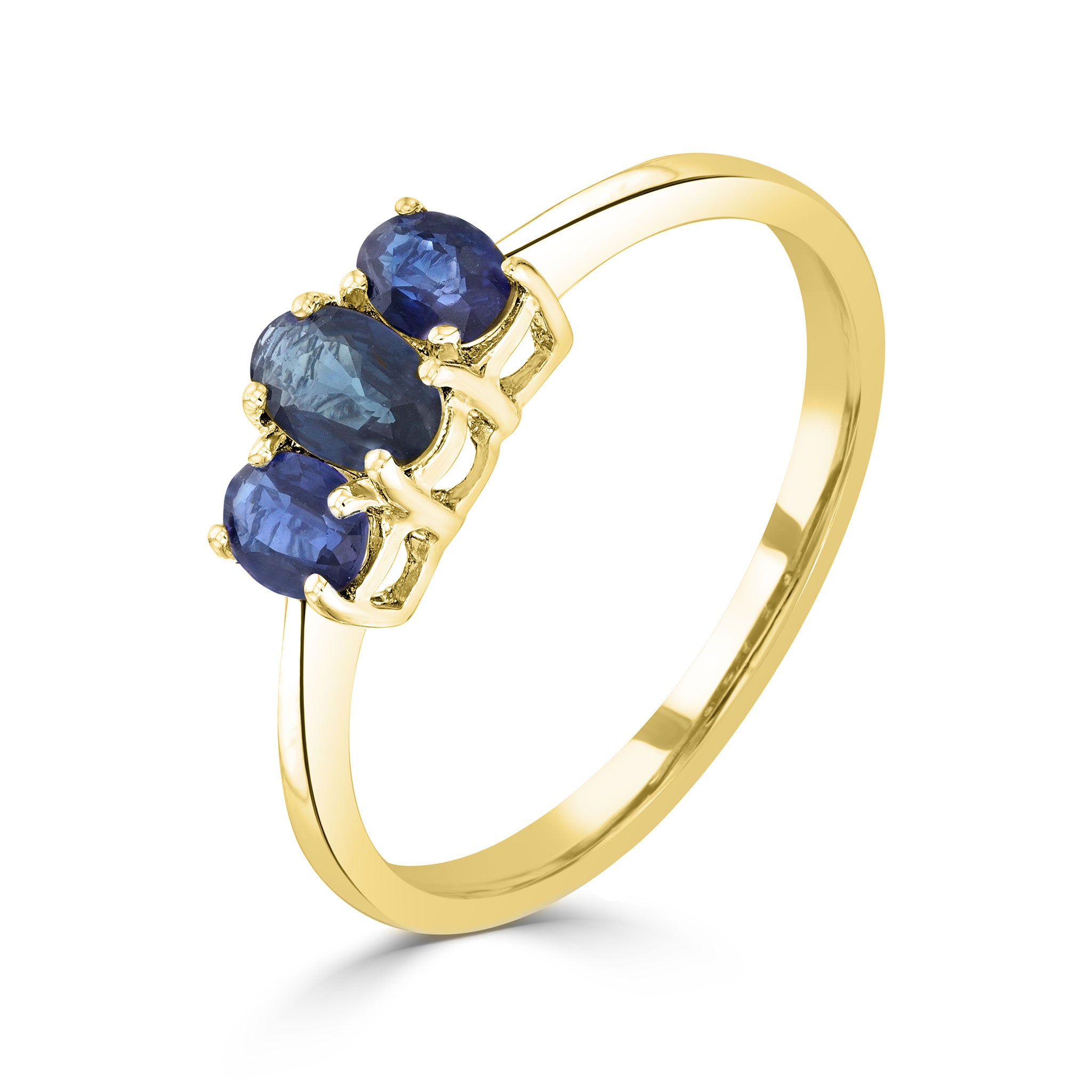 9ct Yellow Gold Oval Sapphire 3 Stone Claw Set Ring