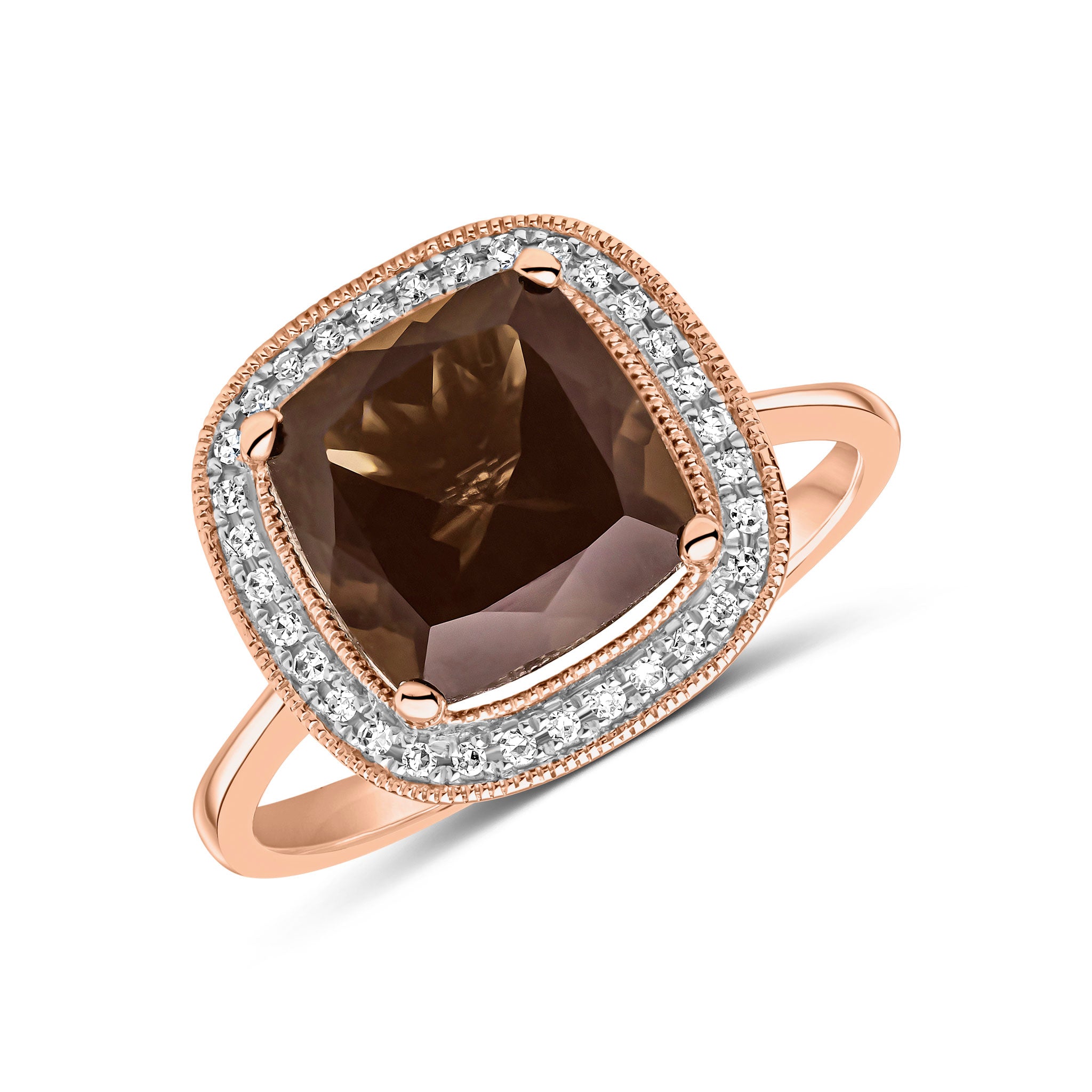 9ct Rose Gold 9mm Cushion Smoky Quartz & Diamond Cluster Ring