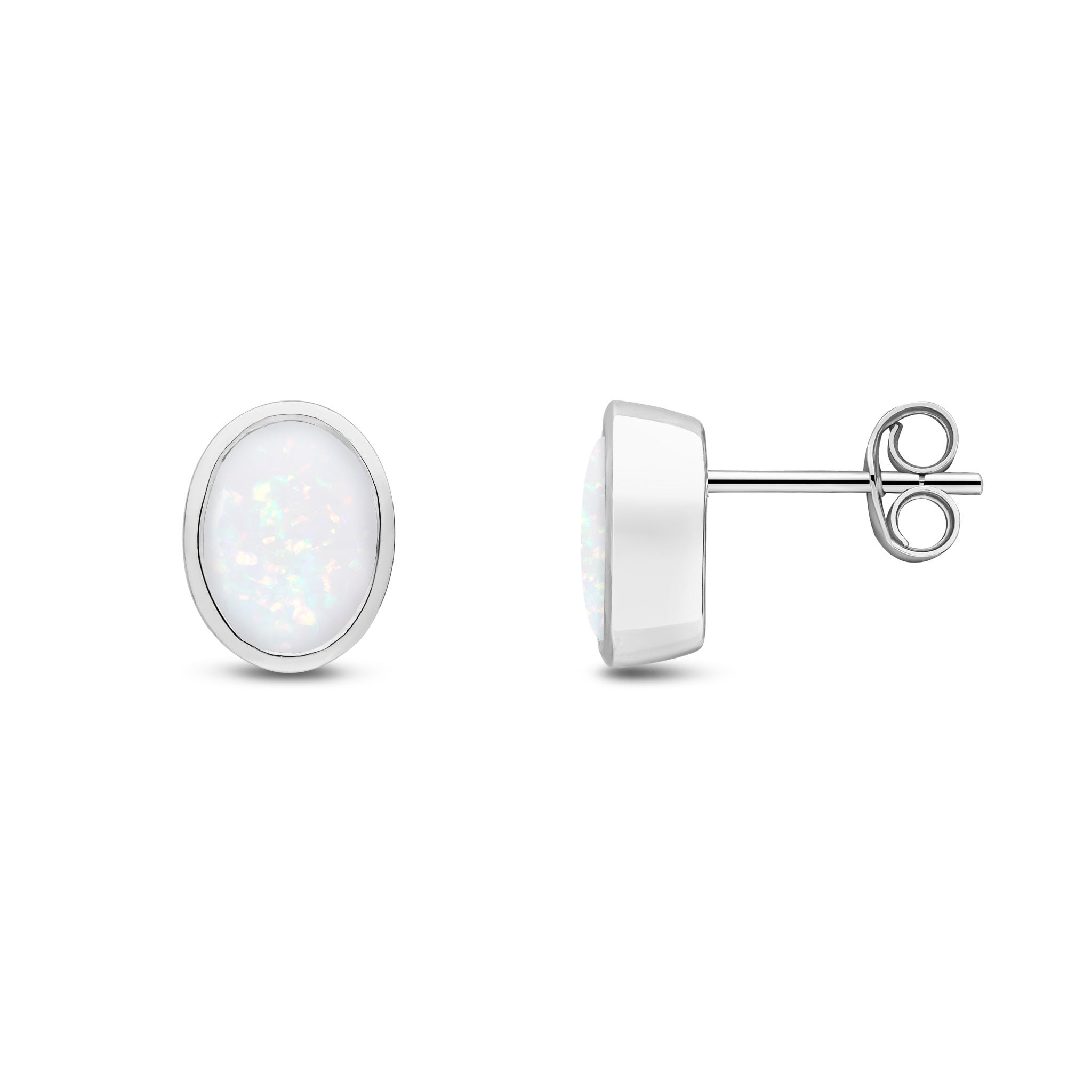 9ct White Gold 8x6 Oval Opal Rubover Earrings