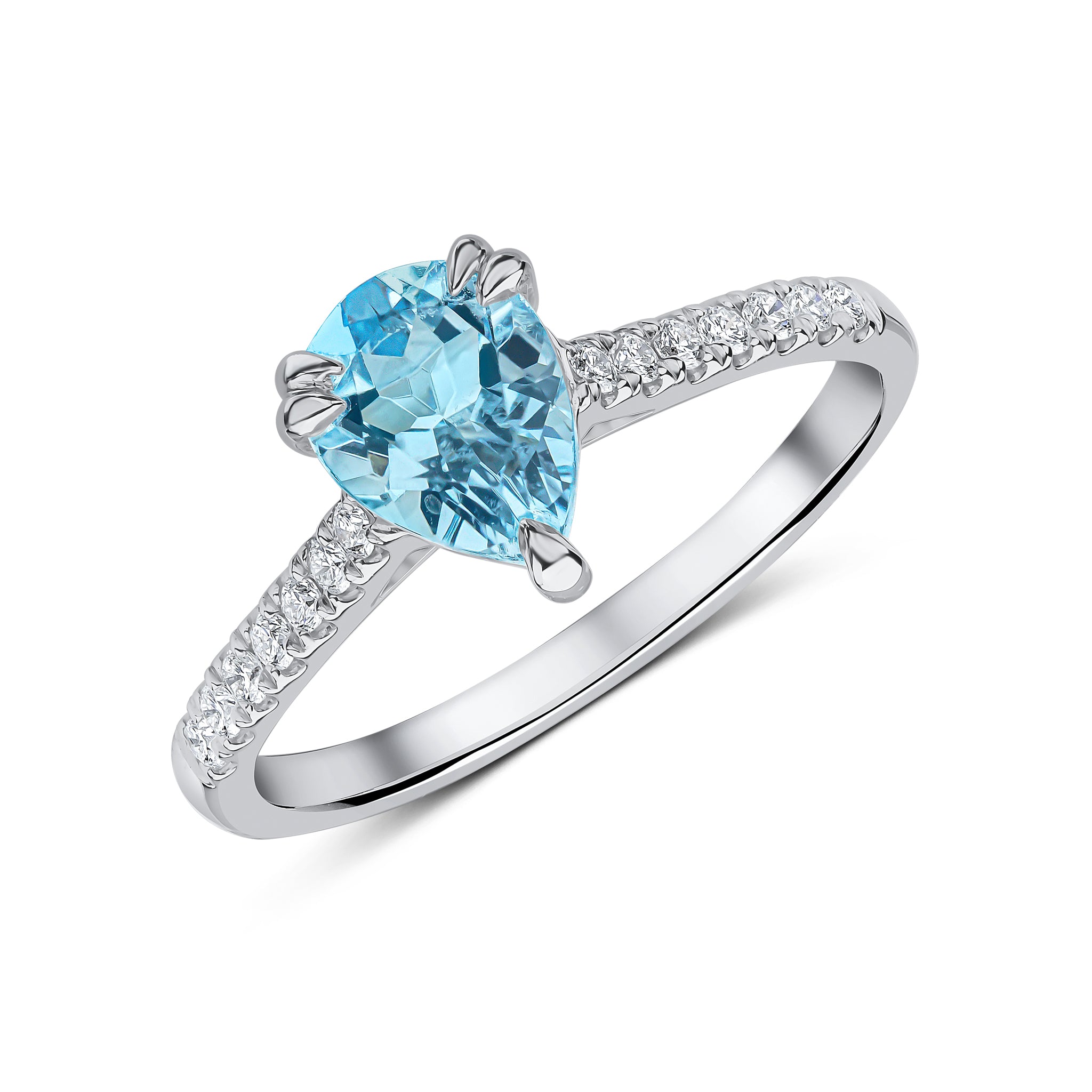 18ct White Gold 8x6 Pear Shape Aquamarine Single Stone Ring with Diamond Set Shoulders
