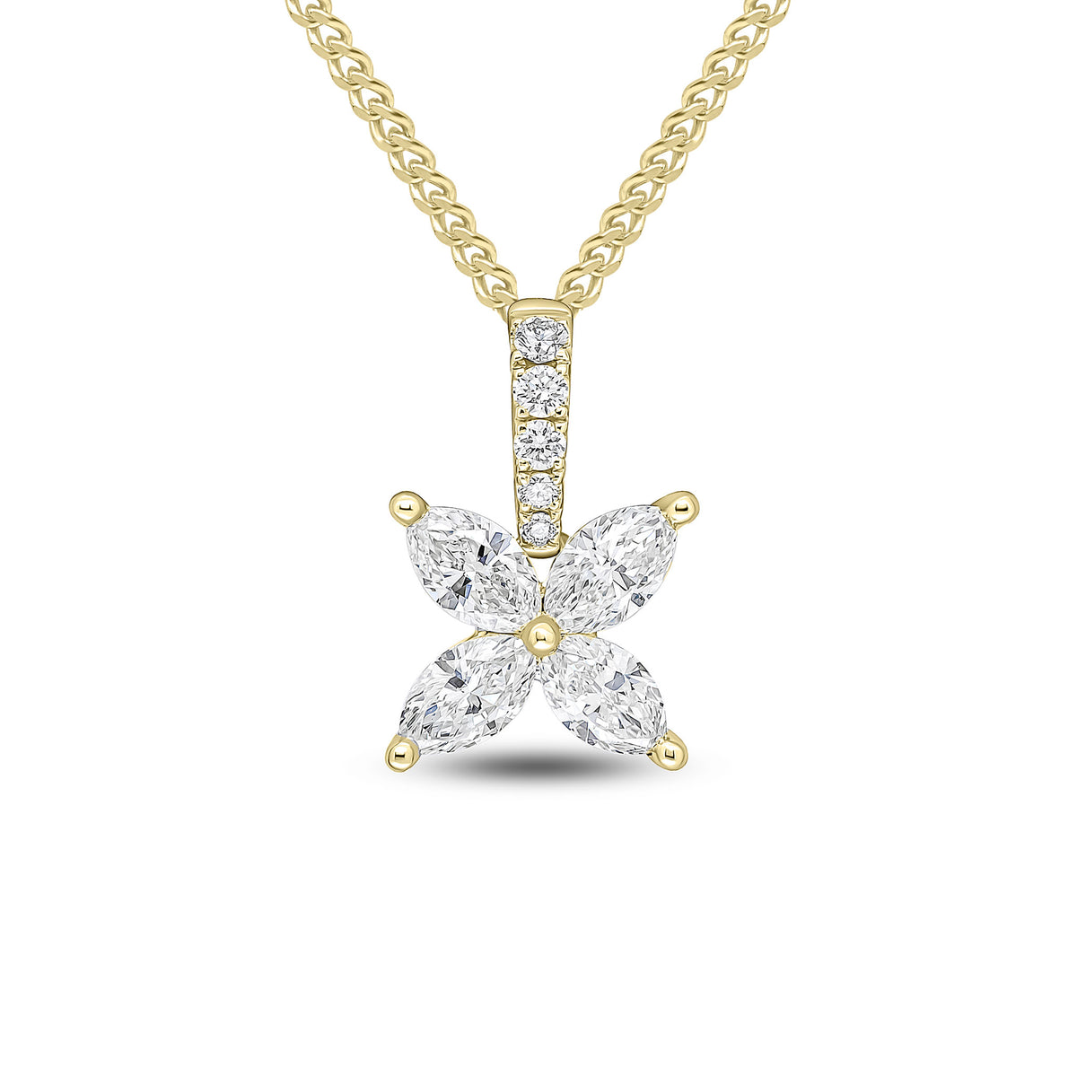 18ct Yellow Gold Marquise Diamond 4 Stone Flower Claw Set Pendant with Diamond Loop