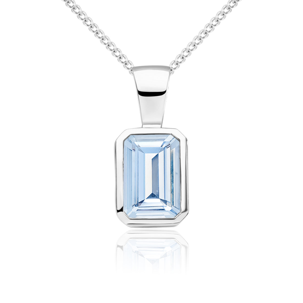 9ct White Gold 7x5mm Octagon Aquamarine Rubover Single Stone Pendant