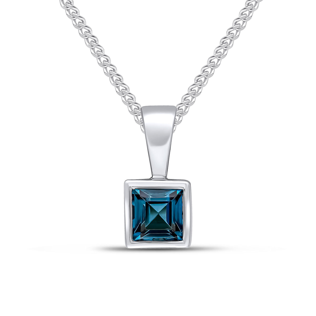 9ct White Gold 4mm Square London Blue Topaz Pendandt