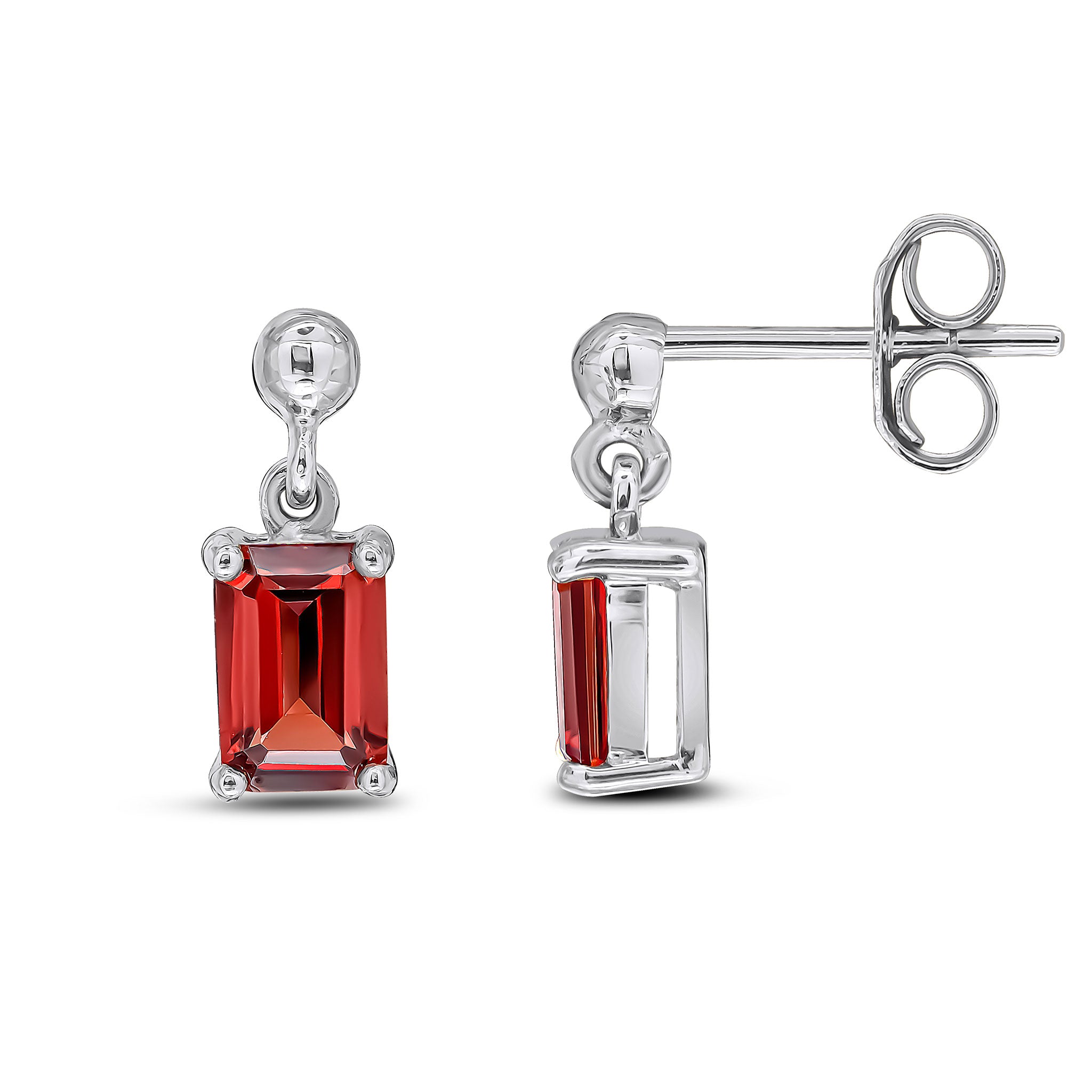 9ct White Gold 6x4 Octagon Garnet Claw Set Drop Earrings with Bead Top