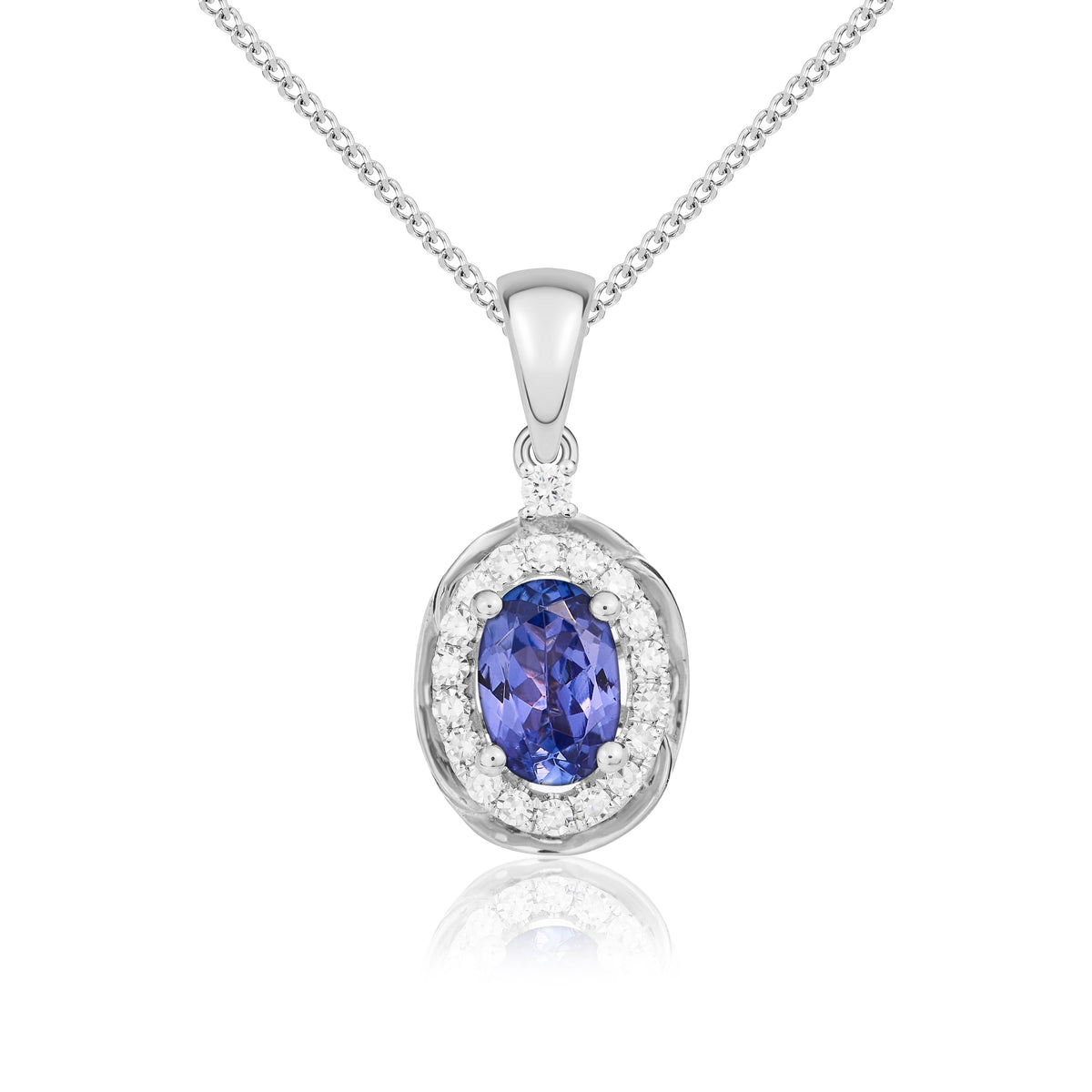 9ct White Gold 6x4 Oval Tanzanite & Diamond Cluster Pendant with Rope Edge