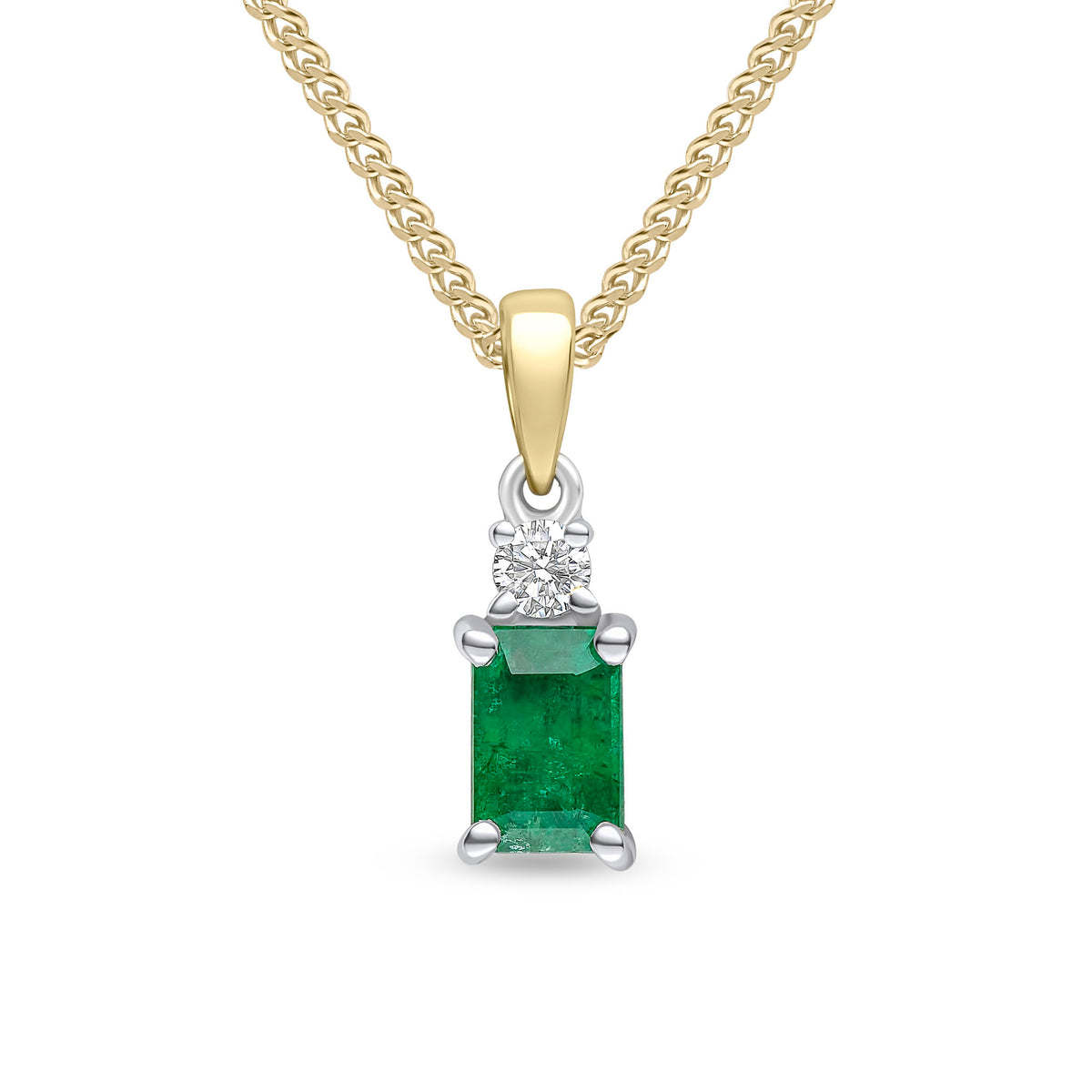 18ct White Gold 6x4 Octagon Emerald and Round Diamond 2 Stone Pendant with Yellow Gold Loop