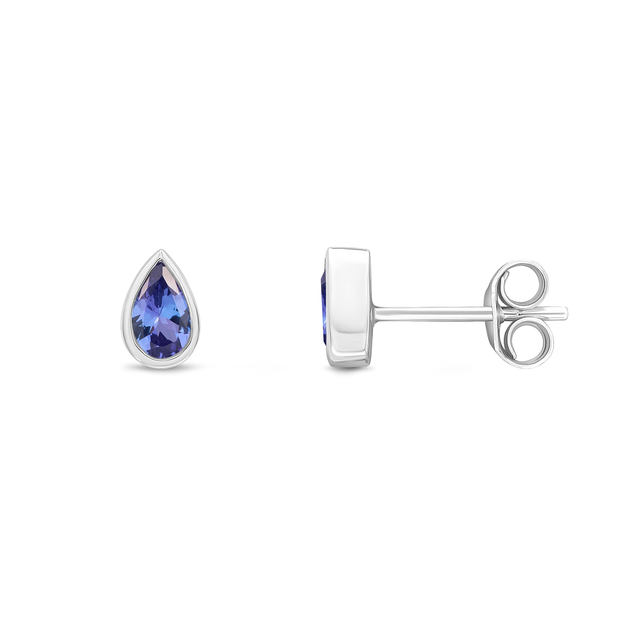 9ct White Gold 5x3 Pear Shape Tanzanite Rubover Set Earrings