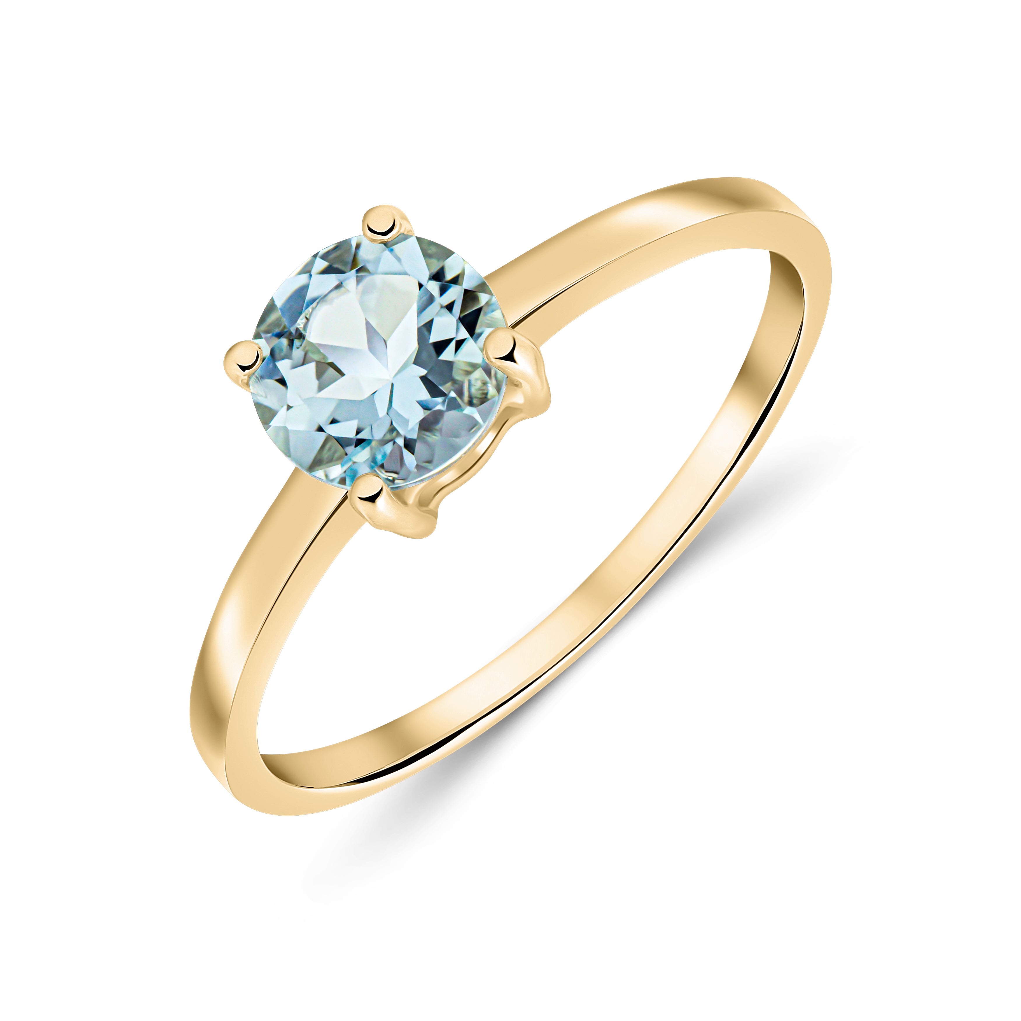 9CT YG 6MM ROUND AQUA 4 CLAW SINGLE STONE RING 1