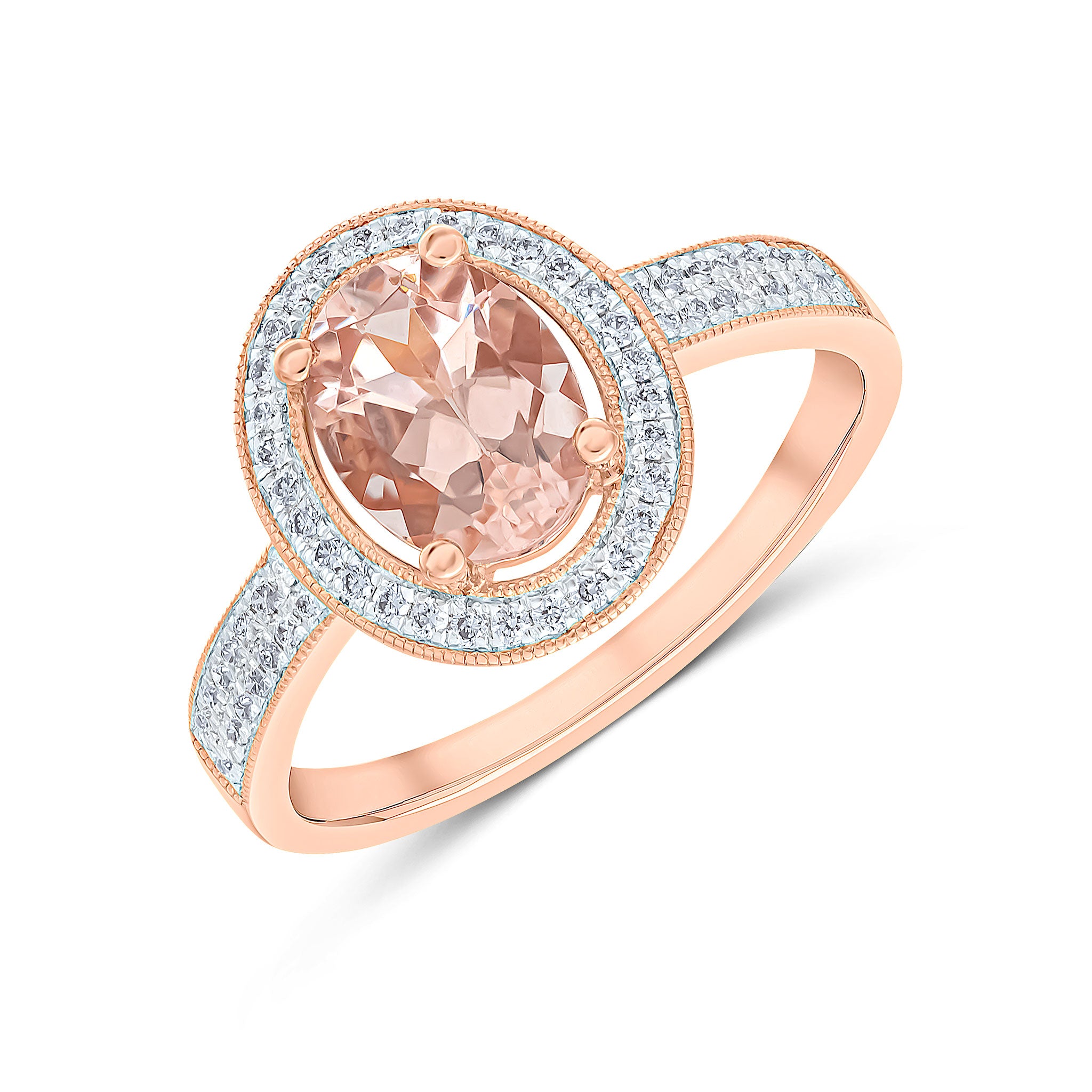 18ct Rose Gold 8x6 Oval Morganite & Diamond Cluster Ring with Diamond Set Shoulders