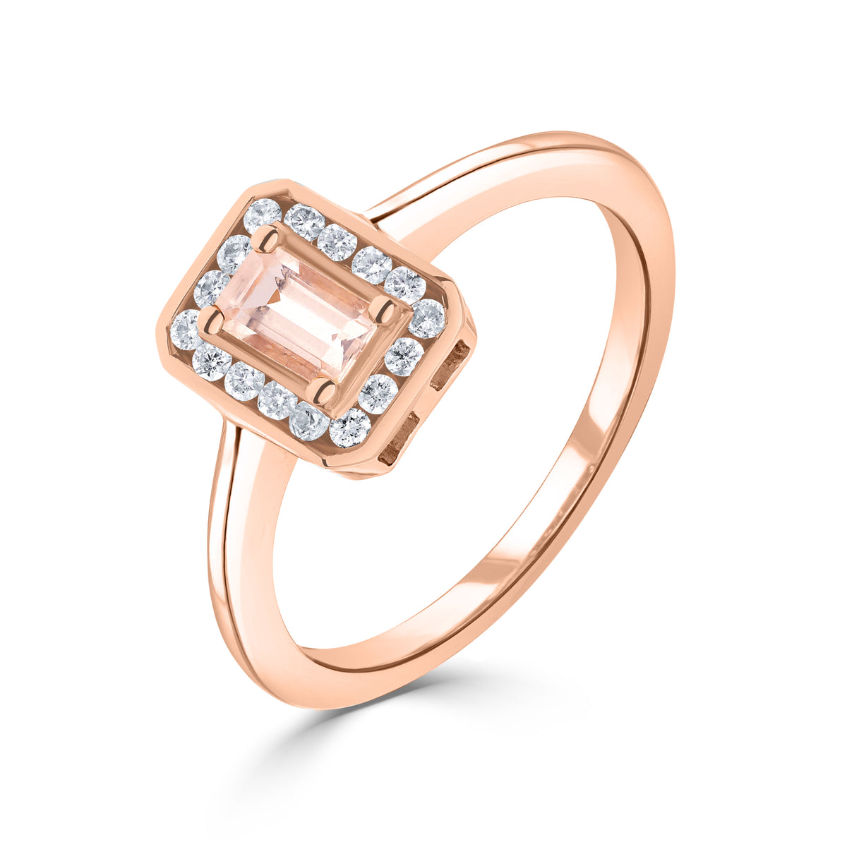 9ct Rose Gold 5x3 Claw Set Octagon Morganite & Channel Set Diamond Shoulders