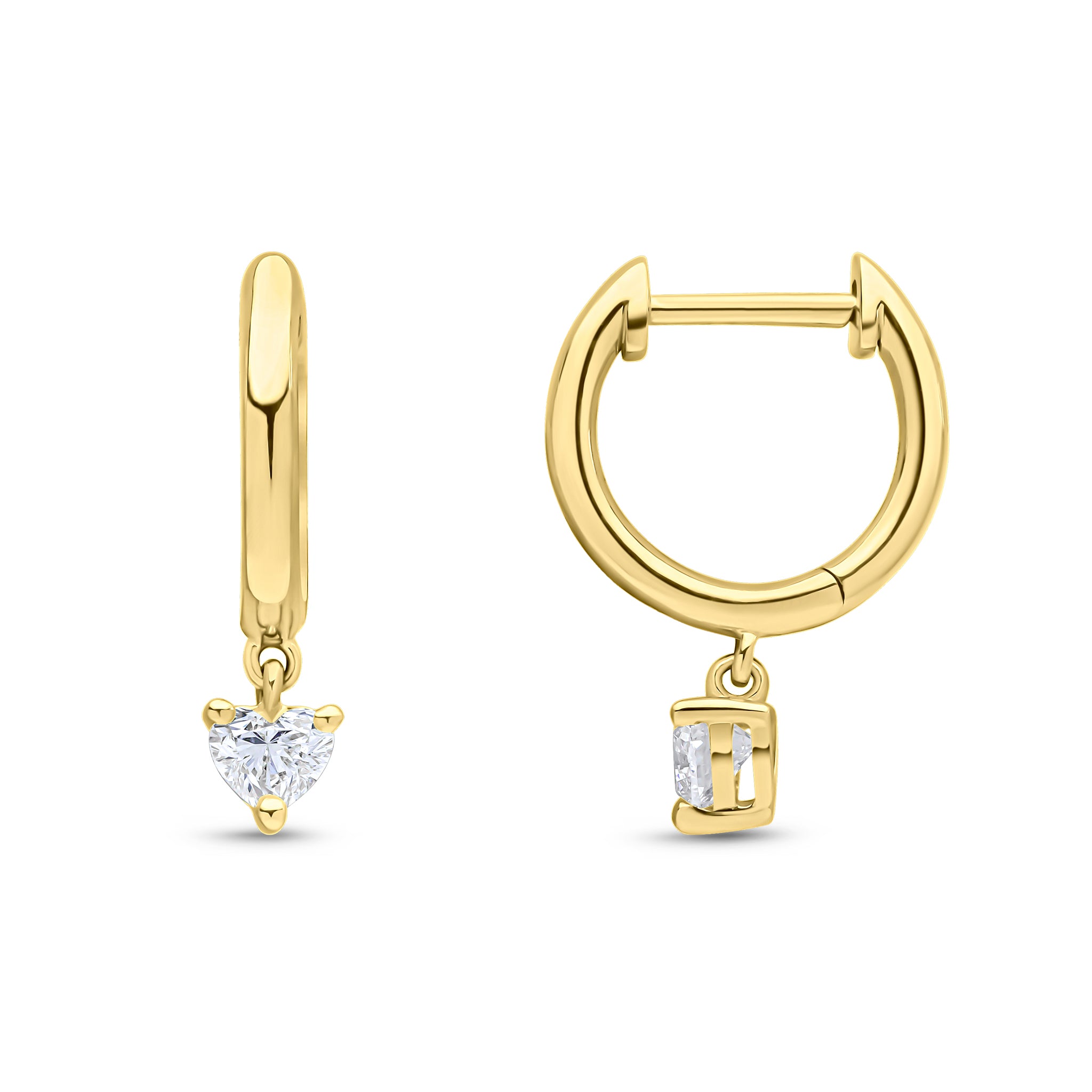 18ct Yellow Gold Plain Hoop Top with Heart-Shape Diamond Drop Earrings