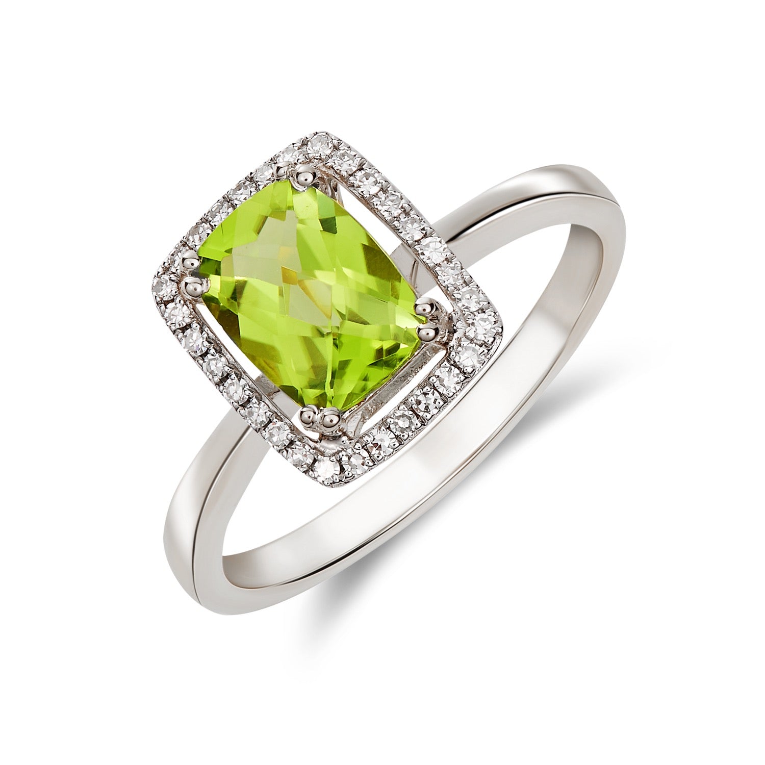 9ct White Gold 8x6 Cushion Checkerboard Cut Peridot & Diamond Halo Cluster Ring