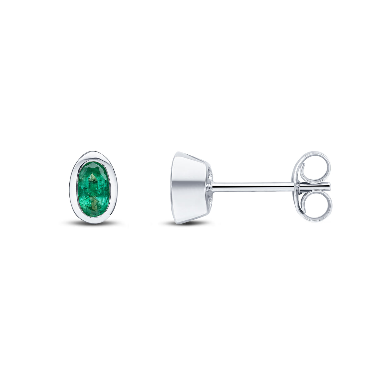 9ct White Gold 5x3mm Oval Emerald Rubover Earrings