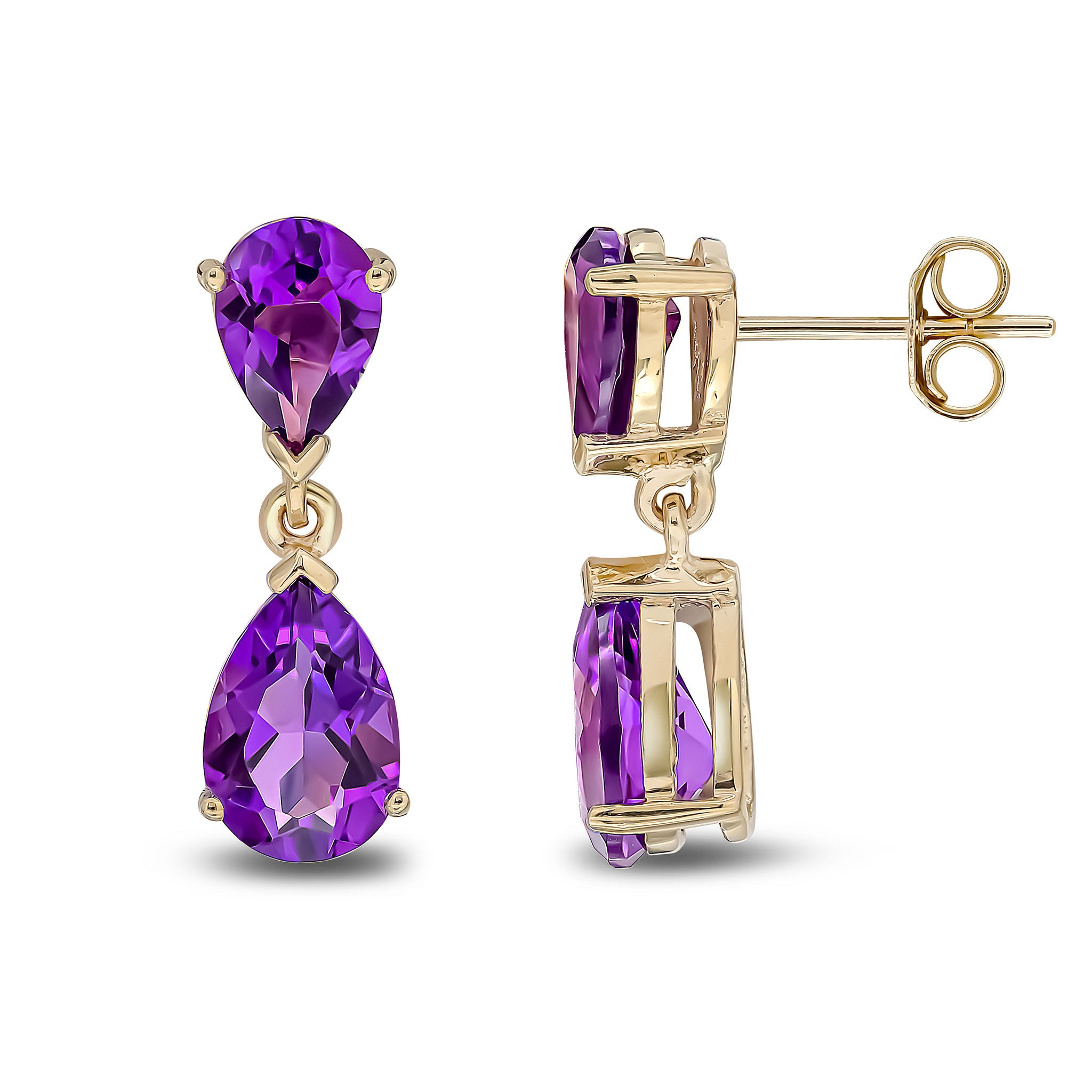 9ct Yellow Gold Pear Shape Amethyst 2 Stone Claw Set Drop Earrings