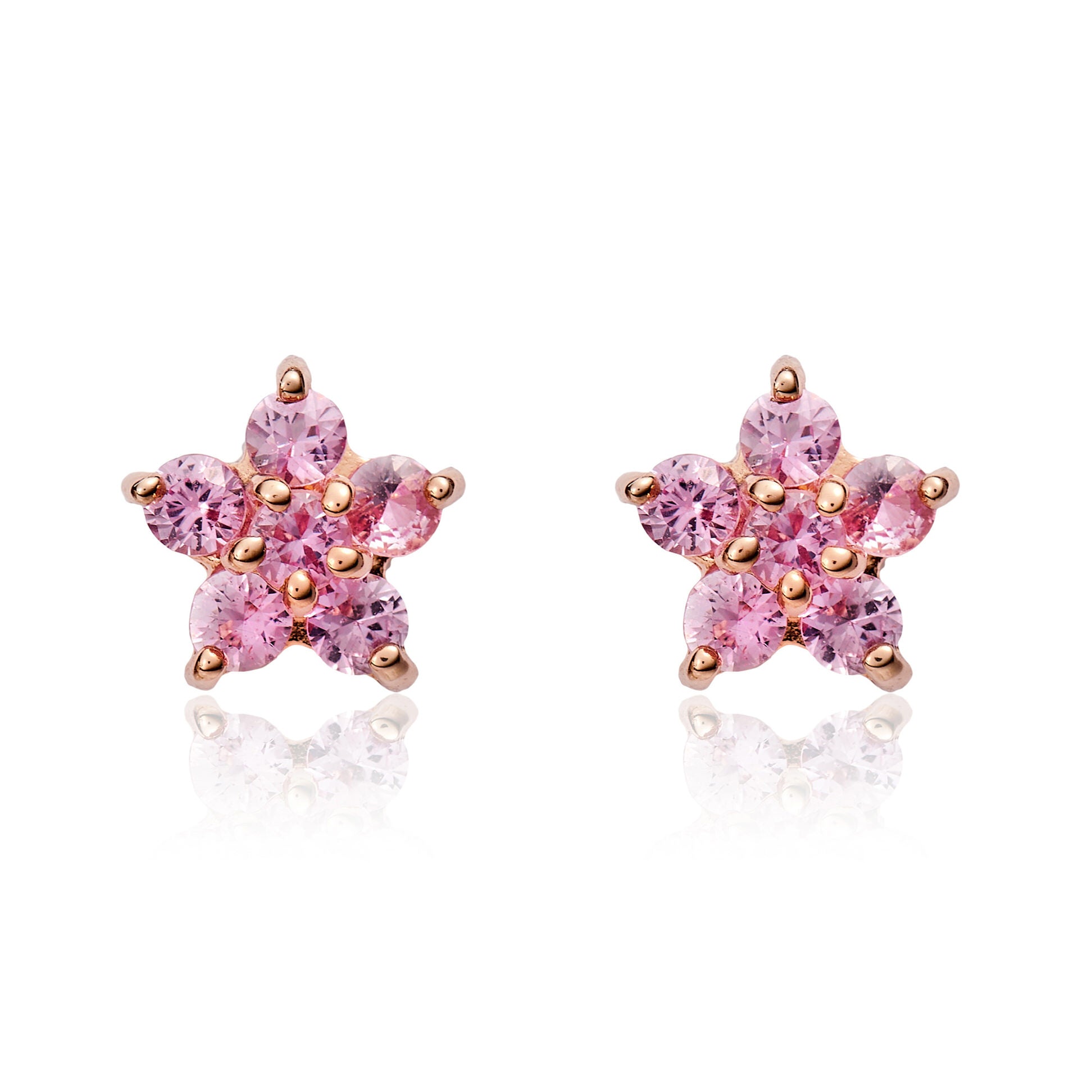 9ct Rose Gold Round Pink Sapphire Flower Cluster Stud Earrings