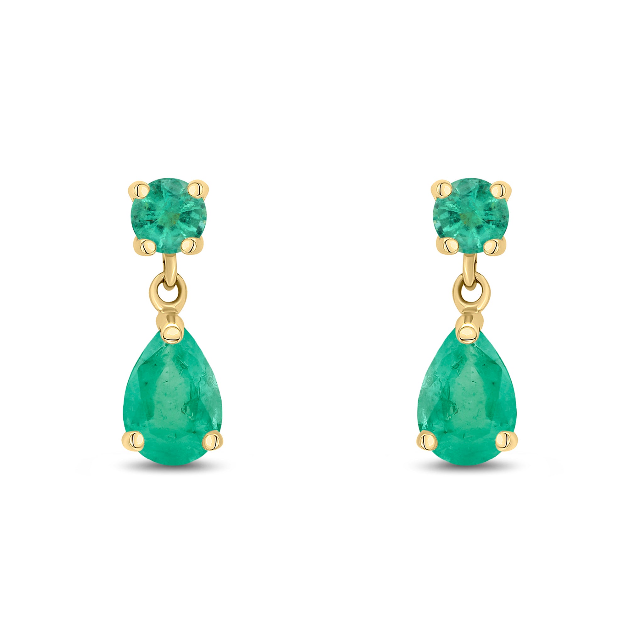 9ct Yellow Gold Round and Pear Shape Emerald 2 Stone Claw Set Drop Earrings